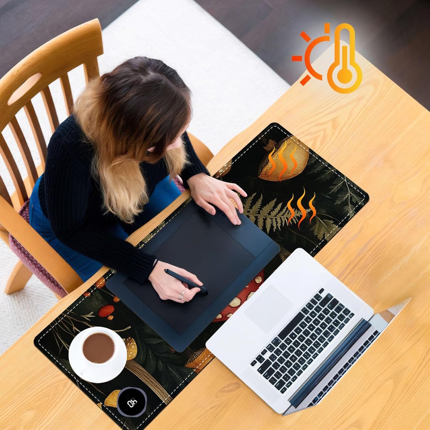 Heated Mouse Pad 31.5x13 in 3-Temp Fast Heating Desk Mat with Auto Timer Warmer for Hands Wrist Pain Relief Waterproof Keyboard Mat for Office, Gaming, Home, Mushroom Forest