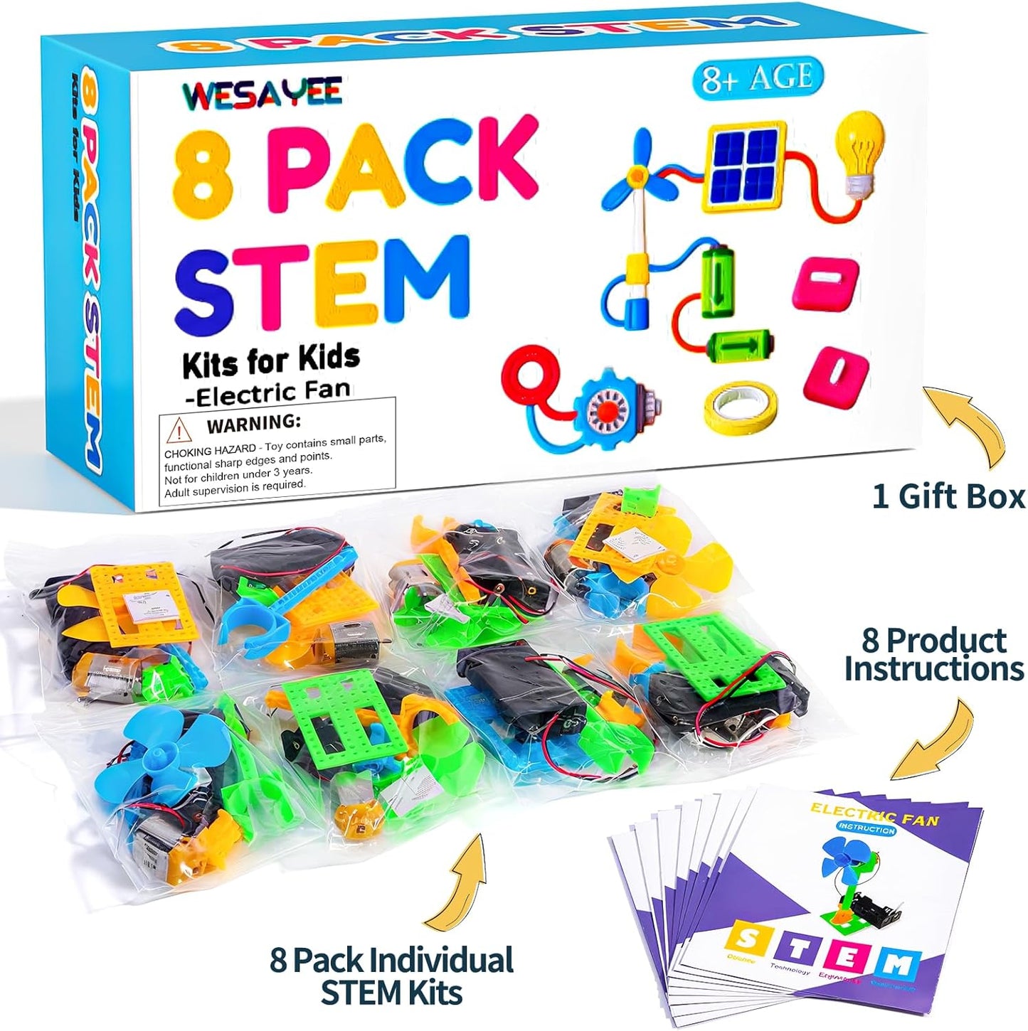 Bulk STEM Kits - 8 Set Electrical Fans, Girls Boys Crafts Science Kits for Kids Age 8-12, STEM Toys for Boys 8-10 8 10 12 13 Classroom, Engineering Activities Experiments Projects Circuit