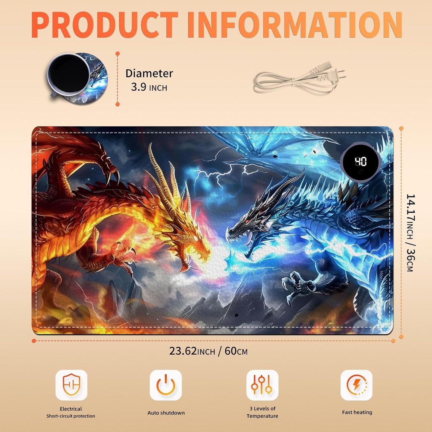 Heated Mouse Pad, Warm Desk Pad, Keyboard Mat 23.6 x 14 Inch Large Size Intelligent Fast Heating, 3 Speed Adjustable, Timed Auto Power Off for Game Office Home, Dragons Gather