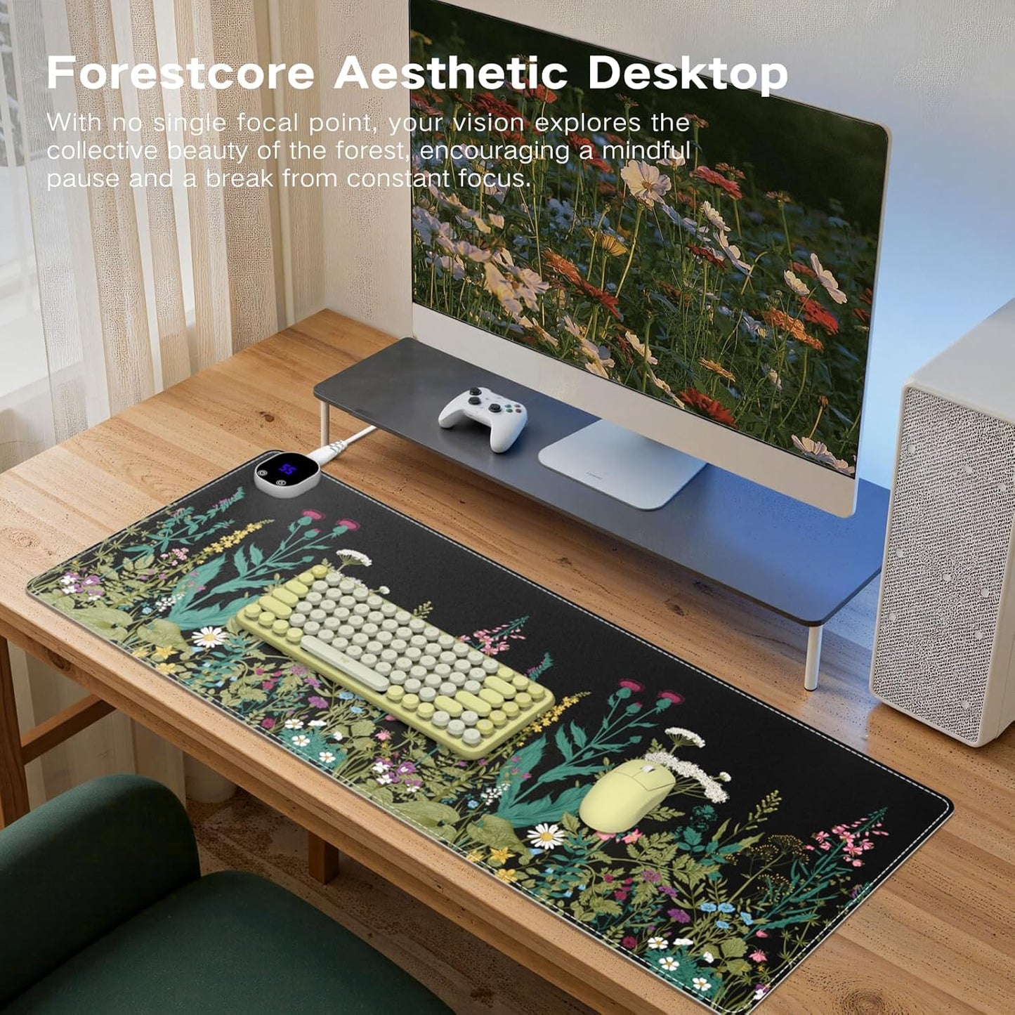 iCasso Heated Mouse Pad, XL Big Aesthetic Desk Pad with 4 Heating Levels & 4 Auto Shut-Off Levels for Computer Keyboard, 31.5" x 13" Large Safe Desk Mat Hand Warmer for Home Office Work (Weeds)