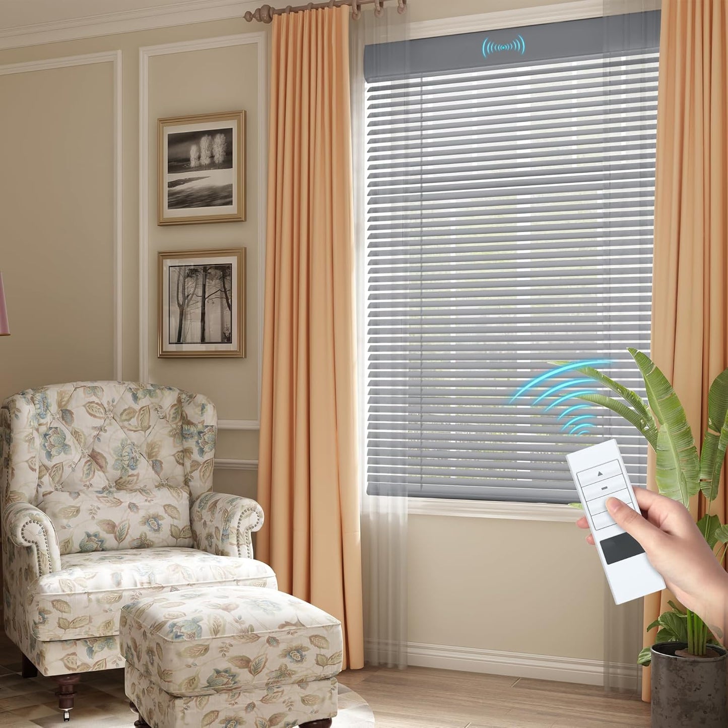 Motorized Cordless Aluminum Blinds with Remote, Automatic Room Darkening Horizontal Blinds for Indoor Windows, Light Adjustment Waterproof Blinds, Customized for Home Office, Gray