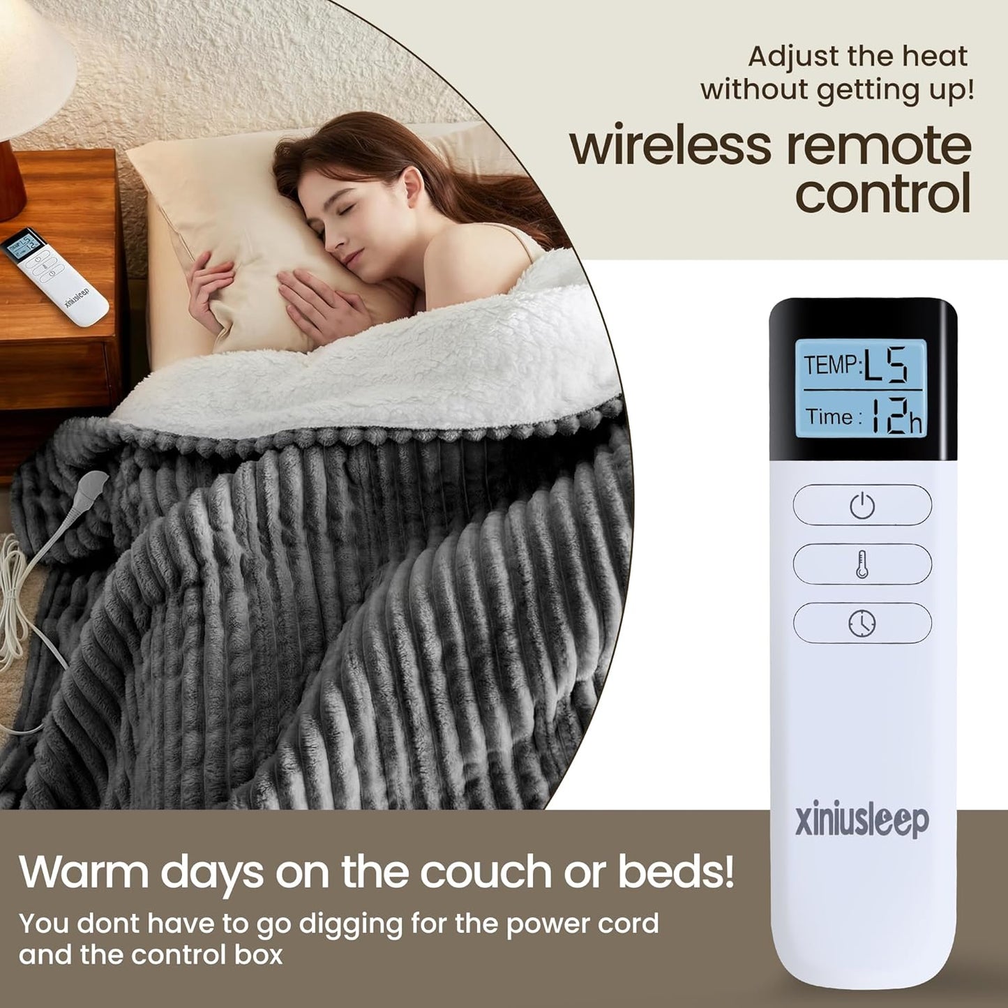 Heated Blanket Electric Blanket 50"x60", Soft Flannel Sherpa Electric Throw with 5 Heating Level & 12 Times Setting, Heated Throw with Overheating Protection, Machine Washable (Grey)