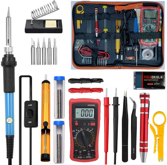 Adjustable Temperature Electric Soldering Iron Kit, Digital Multimeter Kit, Multi Tester, Voltage Tester, Measures AC/DC Voltage, Current, Resistance, Continuity, Diode, Triode Tester. (Red)