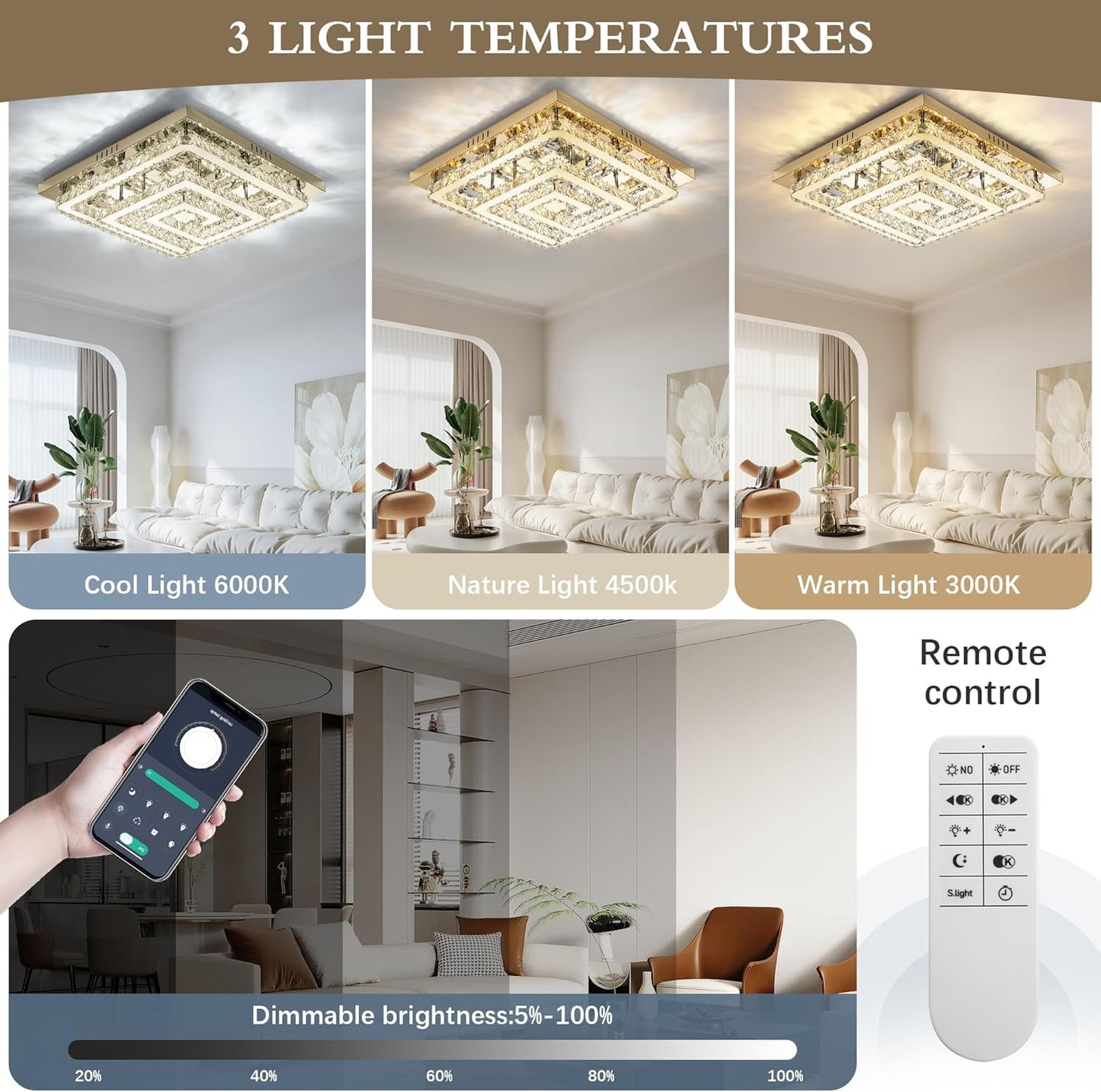 25" Modern Gold Crystal Chandelier with Remote/APP Control, Dimmable Flush Mount Ceiling Light Fixture, 3-Color Temperature,Led Ceiling Lamp for LivingRoom Bedroom Kitchen DiningRoom Entryway