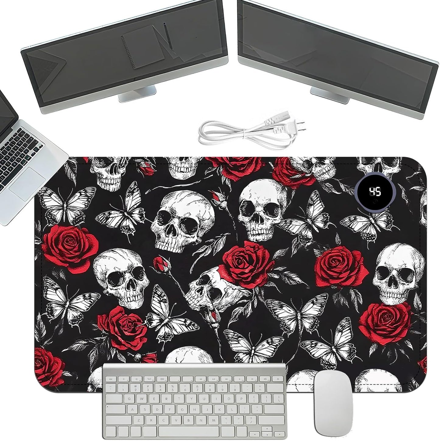 Heated Mouse Pad with 3 Temperature Settings(104°F–122°F),Large 24x14.2 Inch PU Leather Heated Desk Mat,Waterproof Warming Pad for Office,Gaming & Cold Hands Relief,Skeleton Skull Rose