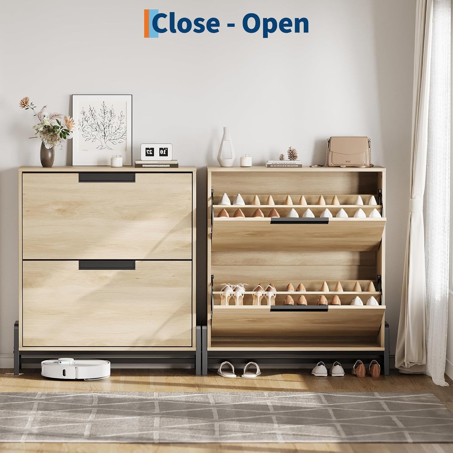 CABIHOME Shoe Storage Cabinet with 2 Flip Drawers, Freestanding Shoe Organizer with Metal Legs, Adjustable Shelf Narrow Shoe Rack Cabinet for Entryway, Hallway, Living Room, Oak