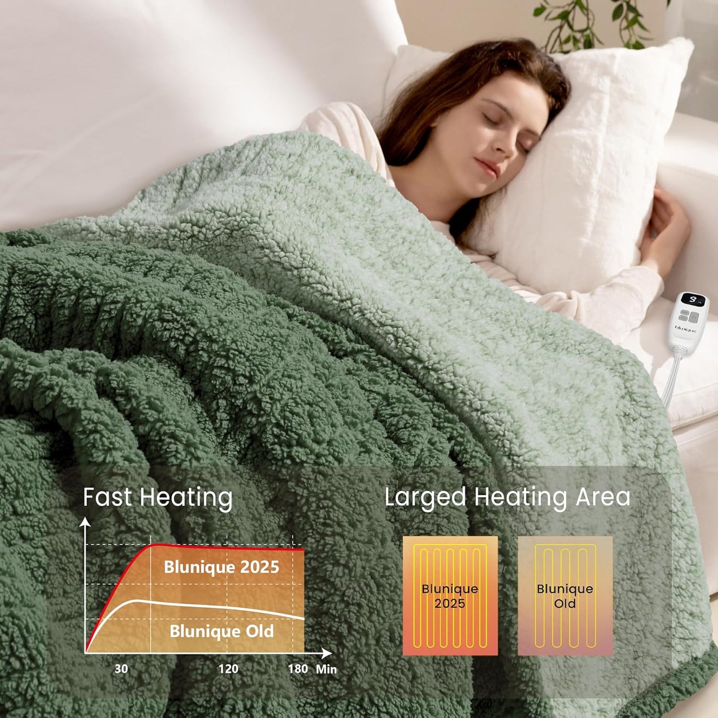 Heated Blanket Electric Blanket Queen - Fast Heating Blanket Throw Dual Control Double Sided Sherpa with 10 Heating Levels & 2-10 Hours Auto Off, Mashine Washable, 84 x 90 Inches, Sage&Green