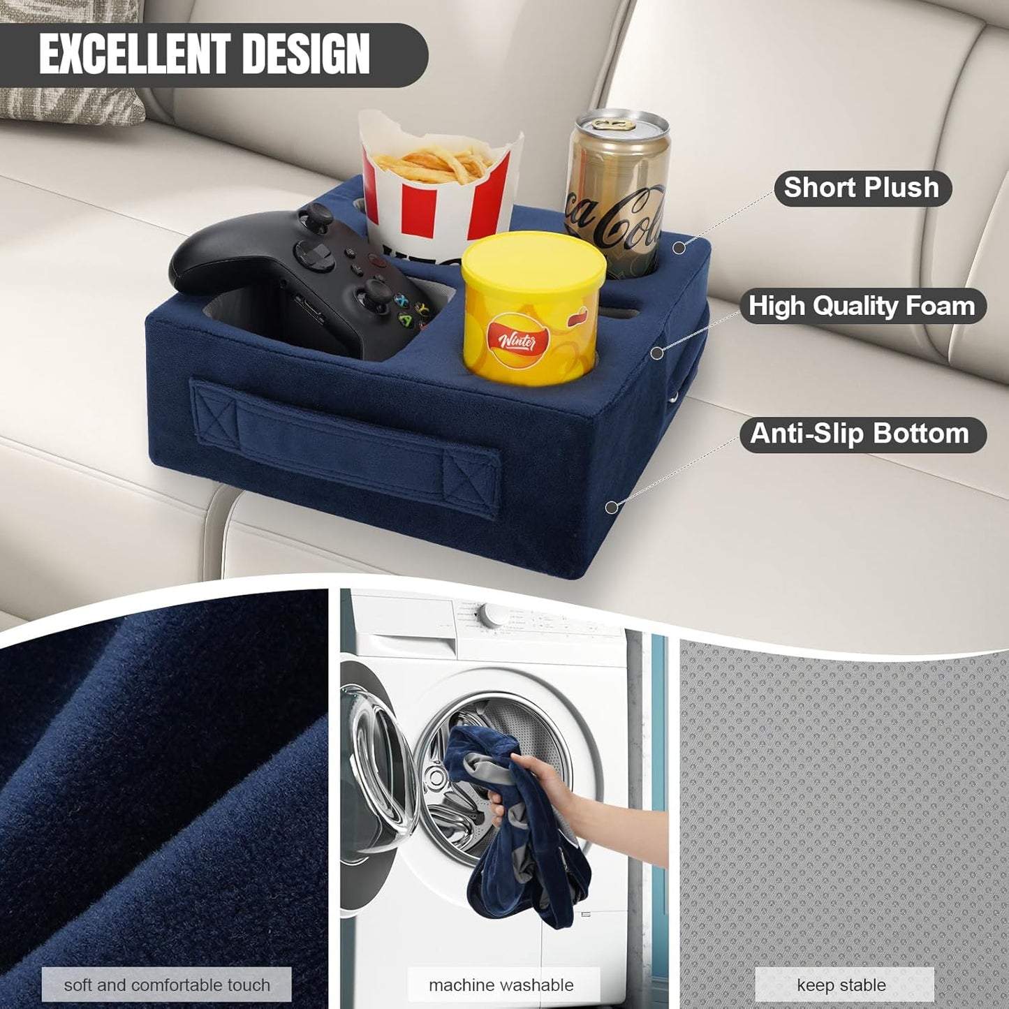 STBoo Couch Cup Holder Pillow - Sofa Drink Cup Holder Cozy Buddy | Bed Caddy Organizer Holds Remote, Snacks, Phones | Waterproof Anti-Spill Sofa Beverage Tray for Car, Pack, Beach, RV, Boat (Navy)
