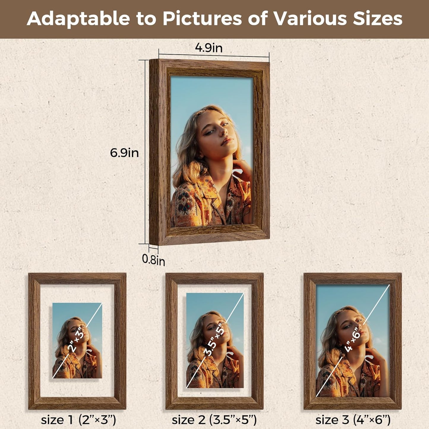Axeman 4x6 Floating Picture Frame - Solid Oak Wood Picture Frame, Double Tempered Glass Photo Frame 2x3 3.5x5 4''x6'' Wood Frame, Wall Mount Or Tabletop Standing, Walnut