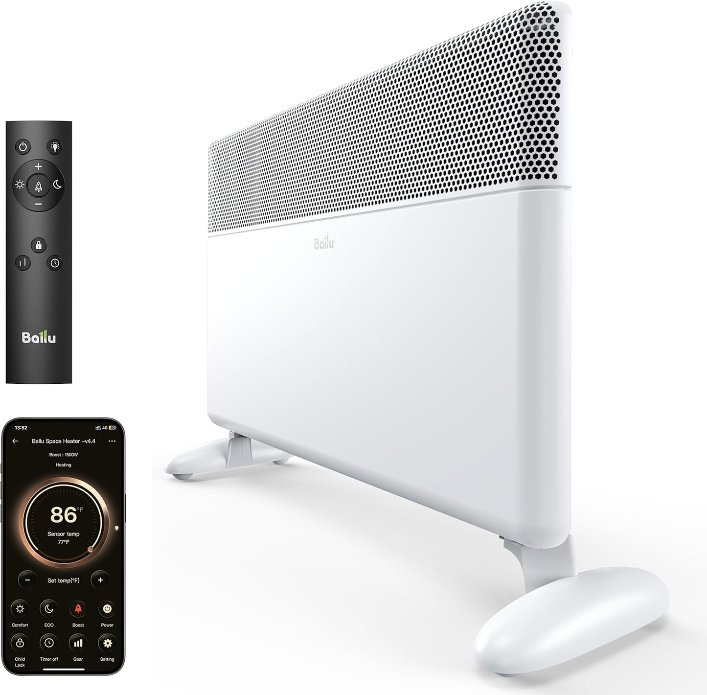 Ballu Convection Panel Space Heater for Large Room,1500W Electric Heater with Programmable Thermostat,WiFi App Control,Standing or Wall Mount,Smart Quiet Heater for Indoor Use,Works with Alexa,White