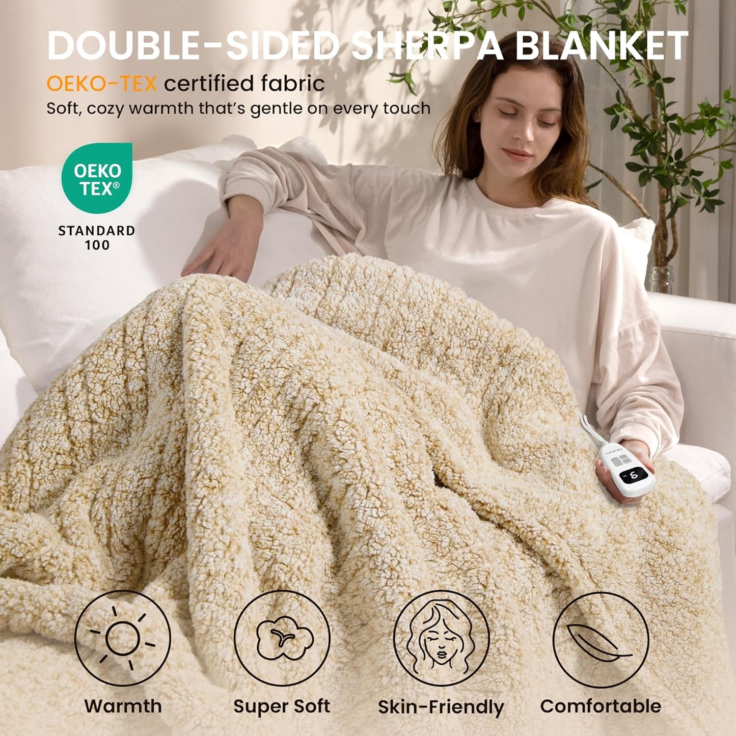 Heated Blanket Electric Blanket Queen - Fast Heating Blanket Throw Dual Control Double Sided Sherpa with 10 Heating Levels & 2-10 Hours Auto Off, Mashine Washable, 84 x 90 Inches, Camel