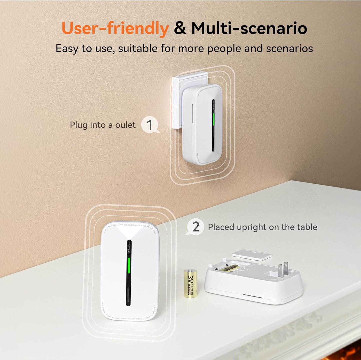 Jemay Plug in Carbon Monoxide Detector,10 Year Battery CO Alarm Detectors with Test-Button & Breathing Light, Portable AC Power CO Monitor Detectors for Home/Hotel, Just Plug & Play, 1 Pack