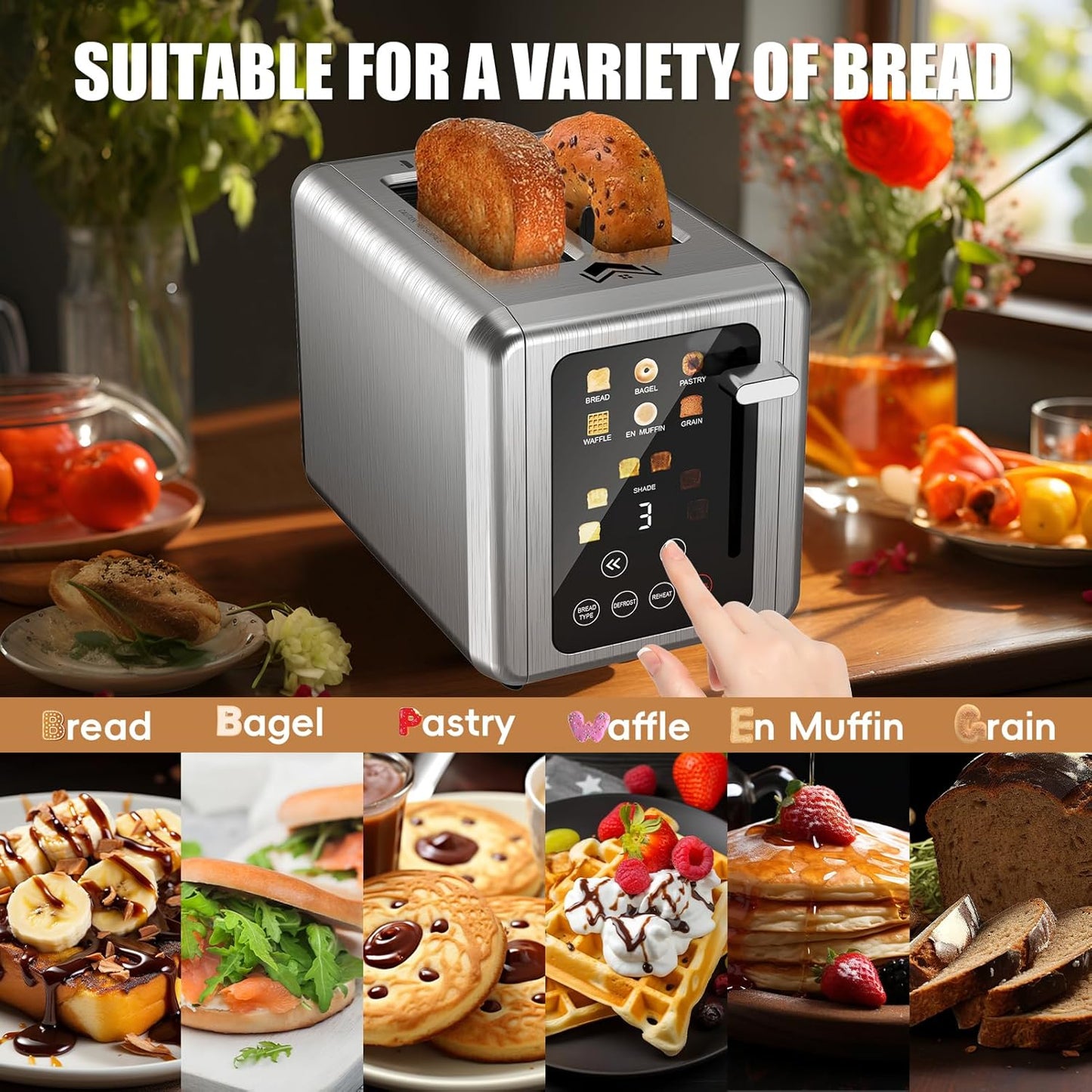Touch screen Toaster 2 slice,Stainless Steel Digital Timer Toasters with Sound Function,6 Bread Types & 6 Shade Settings,Smart Extra Wide Slots Toaster with Bagel,Defrost Functions,Slate