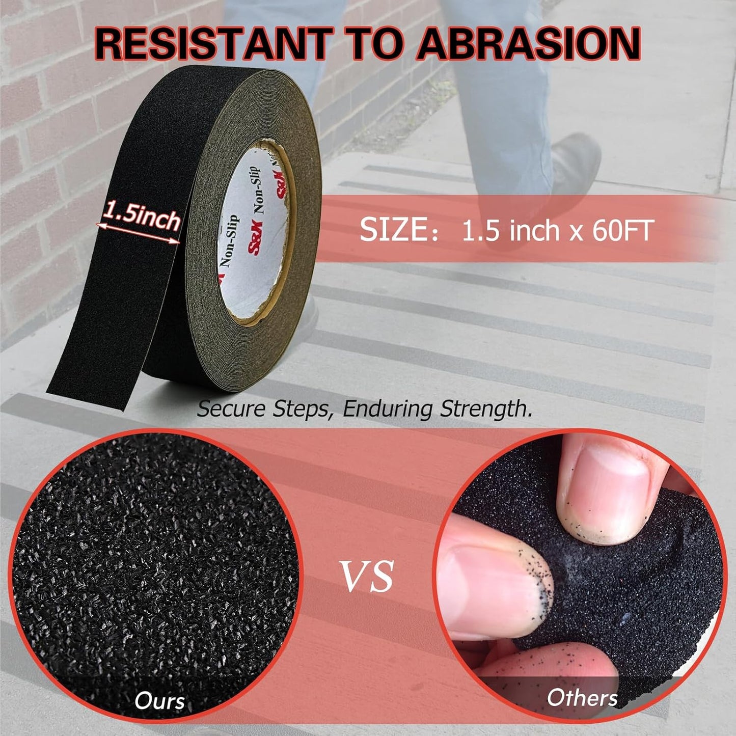 S&X Non Slip Tape 1 1/2 INCH x 60 FT Grip Tape for Stairs, Steps Waterproof and Durable, Black