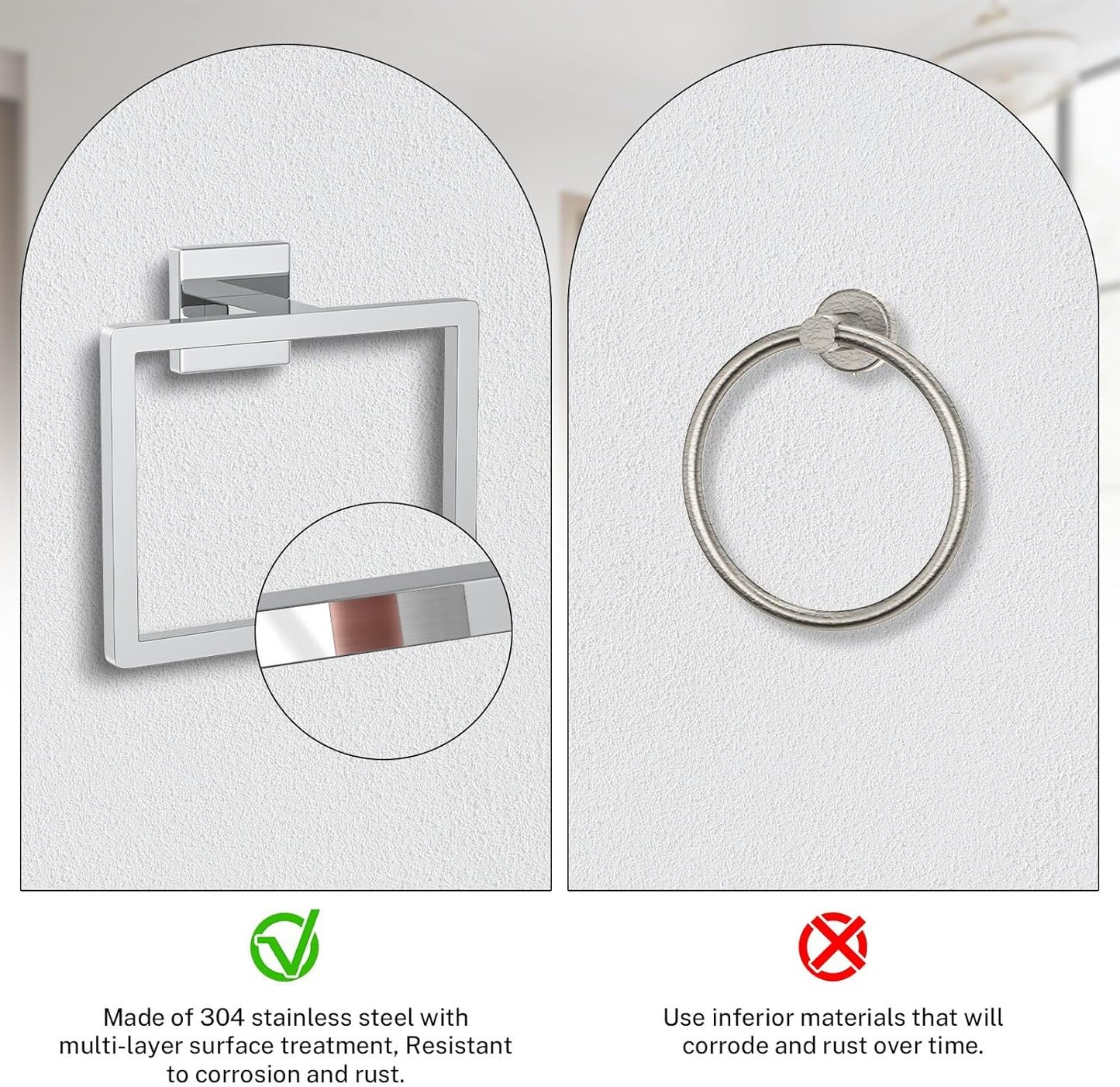 2-Piece Polished Chrome Towel Ring,Hand Towel Holder,Modern Towel Holder Stainless Steel Towel Rack Wall-Mounted Bathroom Towel Hanger