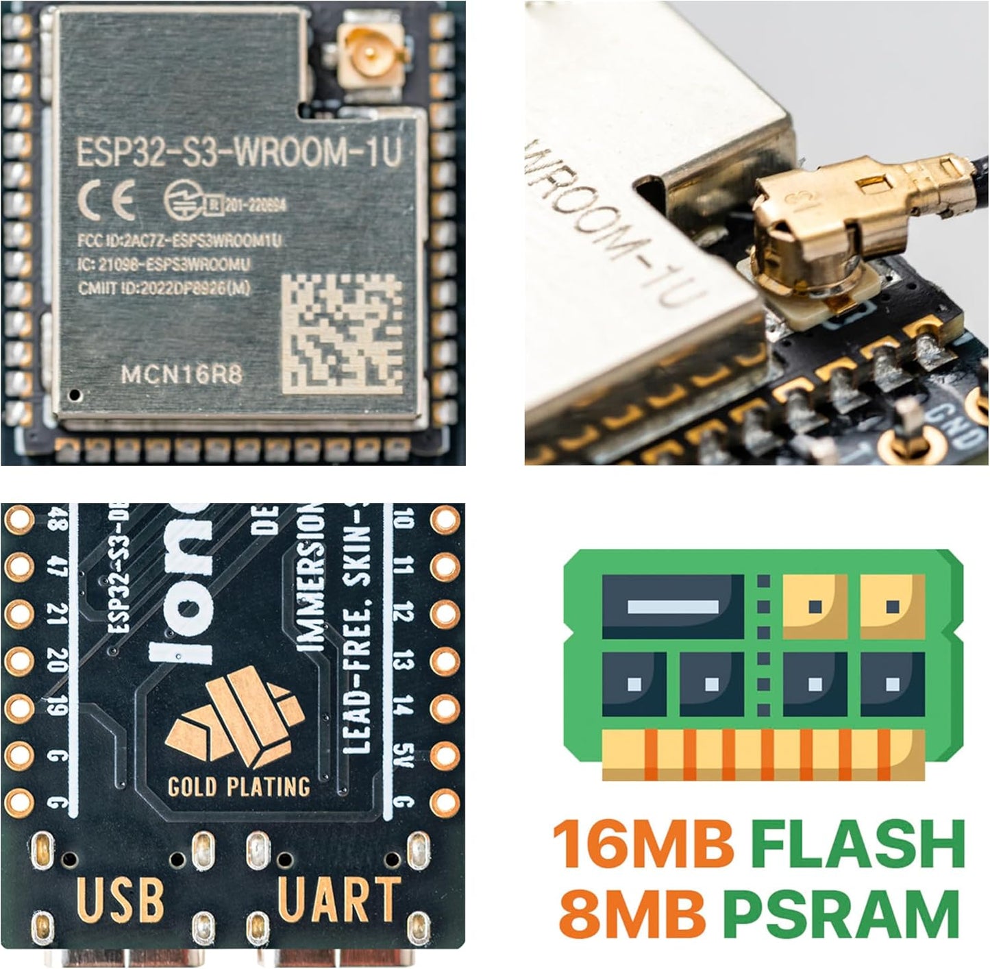 ESP32-S3 Development Board Gold Edition 16MB Flash 8MB PSRAM Dual USB-C IPEX Antenna WiFi Bluetooth for Arduino IoT Projects, MicroPython & ESP-IDF N16R8 (16MB +Antenna Gold Edition)