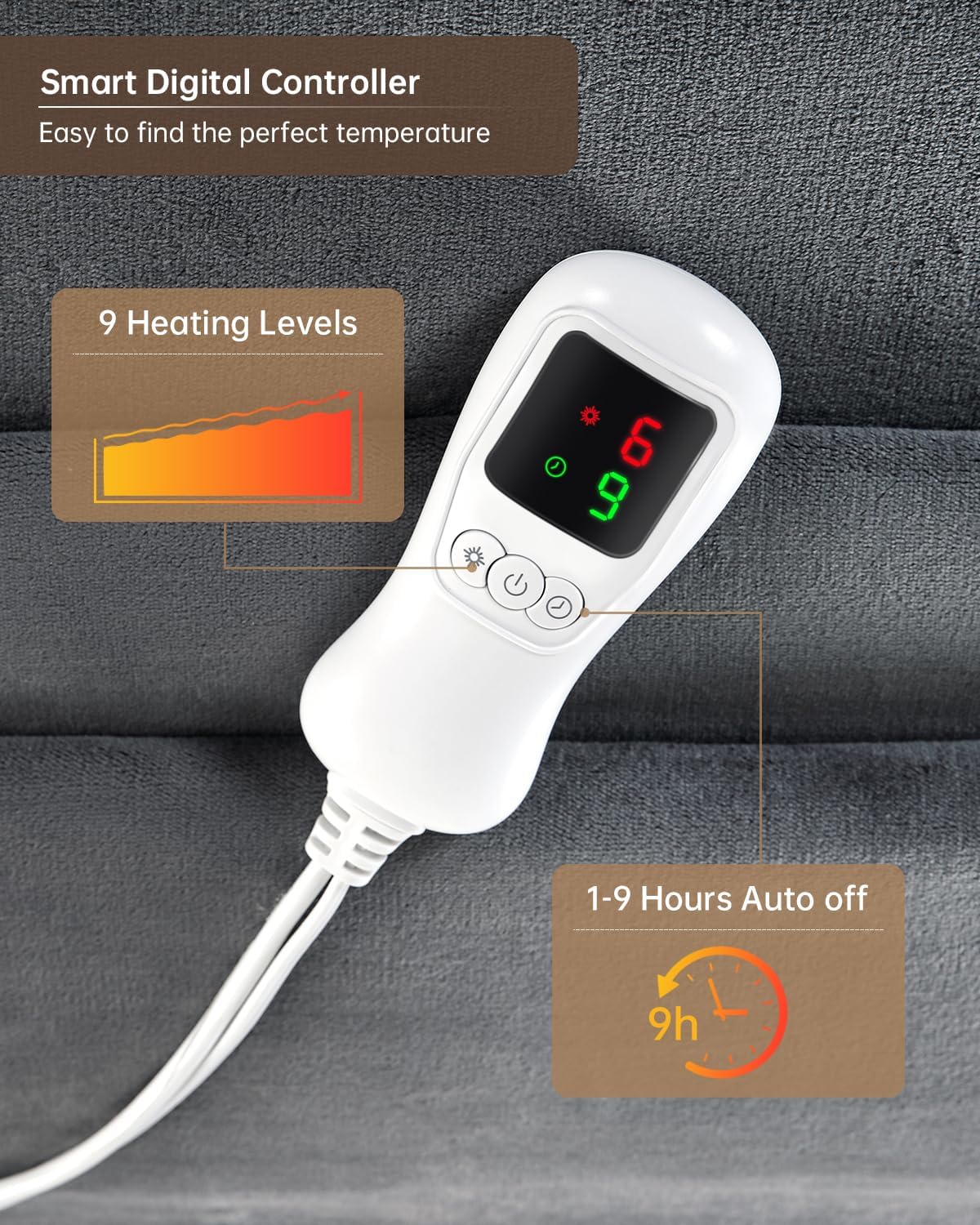 Electric Heated Blanket Twin Size, Washable Blanket Warmer for Home for Adults, Fast Heating Super Cozy Soft Flannel 62" x 84", 9 Heat Levels, 1-9H Auto-Off, ETL Certified, Slate Gray