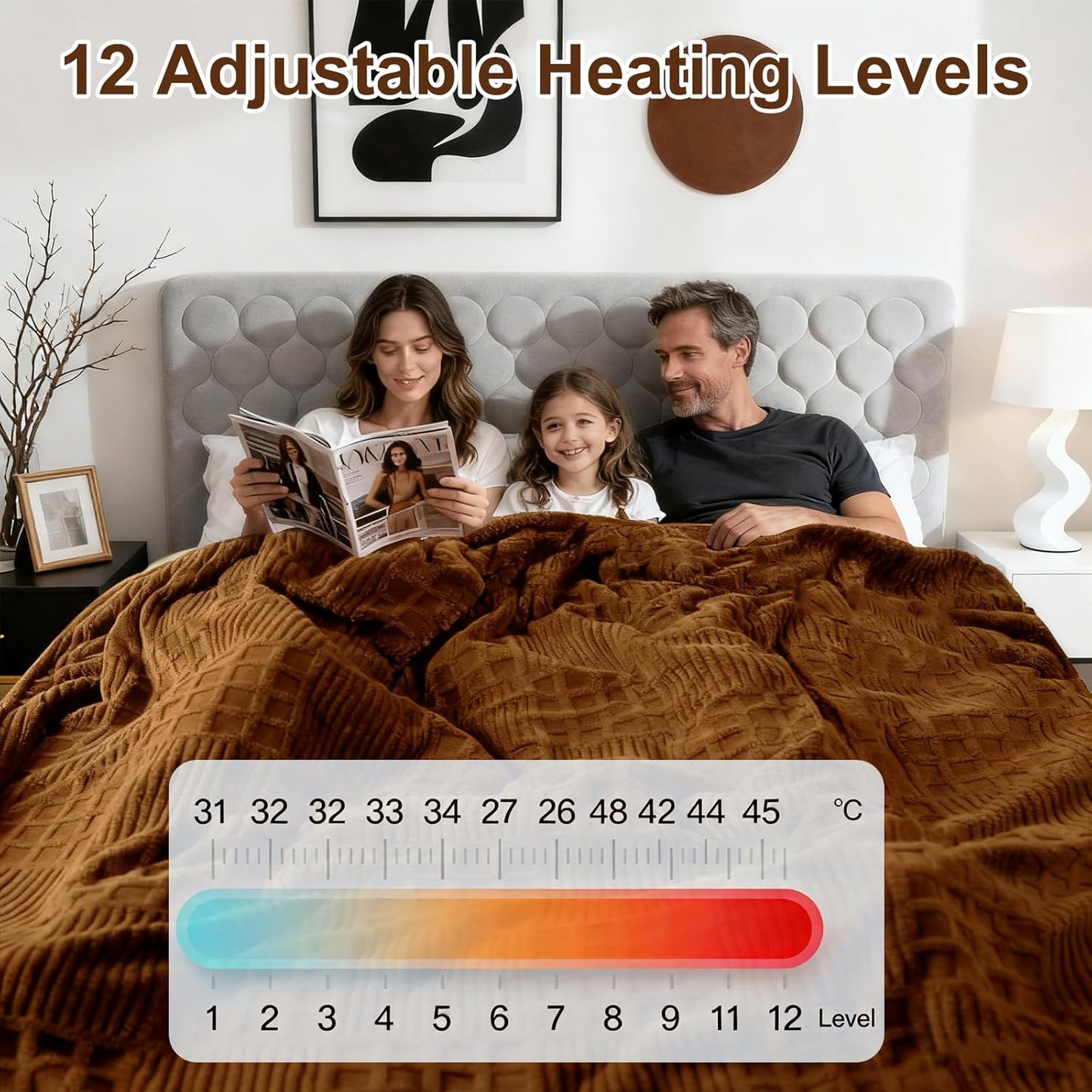 Heated Blanket Electric King,Waffle Heating Blanket with 12 Heat Levels, Fast Heating Blanket with 1-12H Timer Settings, Overheat Protection with ETL & FCC for Home Office Sofa-90"x100"
