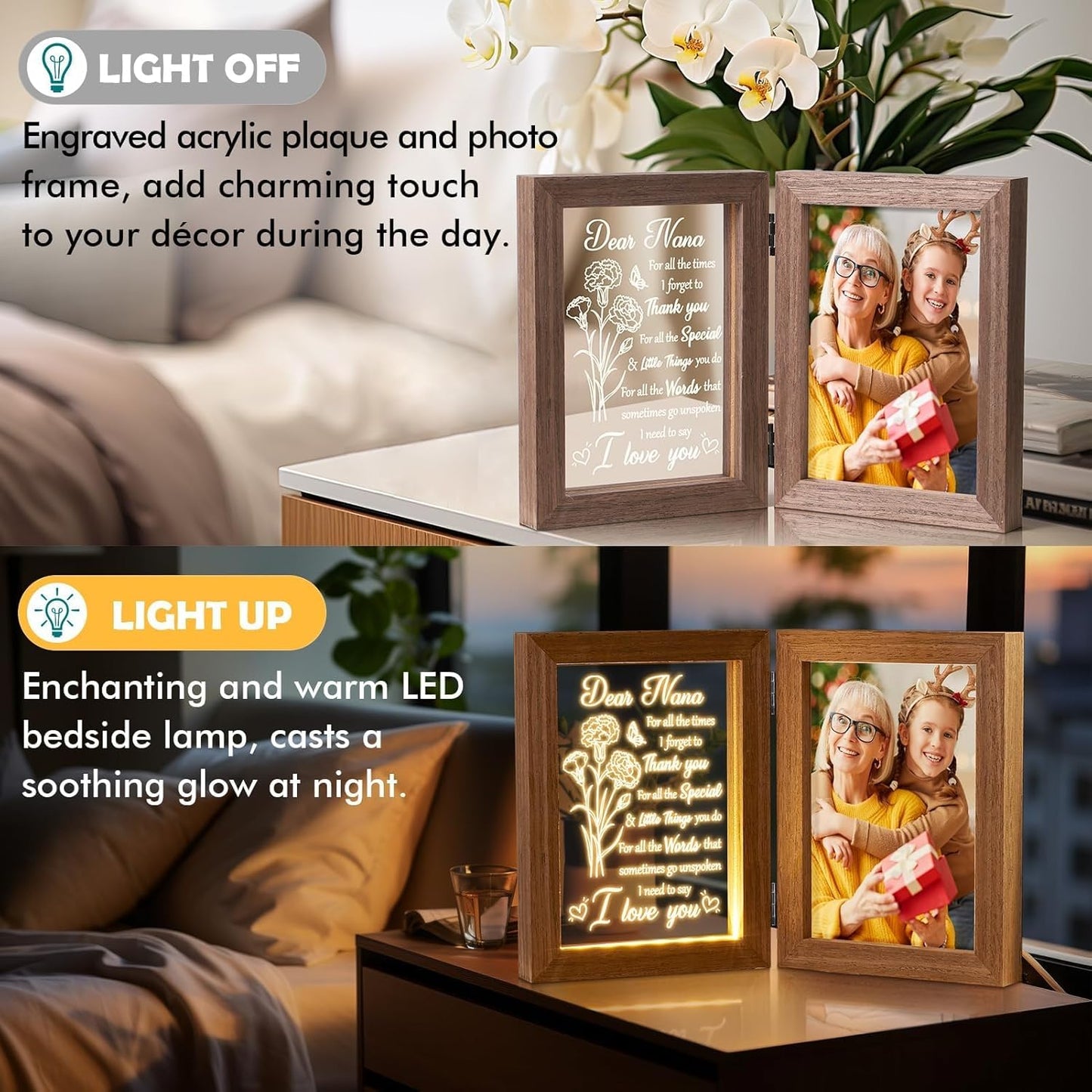 Christmas Grandma Gifts from Grandkids Granddaughter Grandson, Engraved Night Light with Nana Picture Frame 5x7, Nana Gifts Personalized Gift for Grandma Mimi Gigi Granny Grandmother Birthday Gift