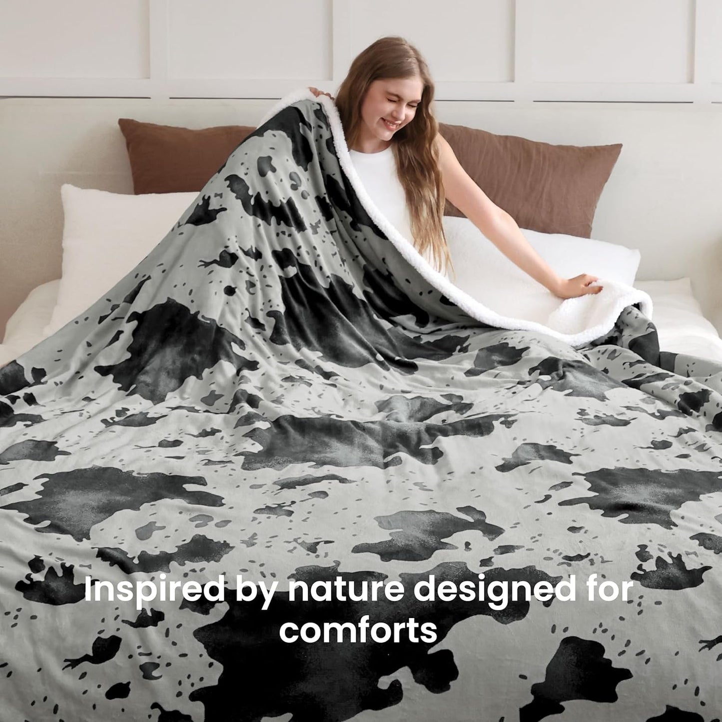 Cow Print Heated Electric Blanket King Size-Dual Control Heating Blanket King Size with 10 Heat Levels & 10 Hours Auto-Off, Cozy Soft Fleece Sherpa, Washable, 90x100 Inche Cow Print Grey