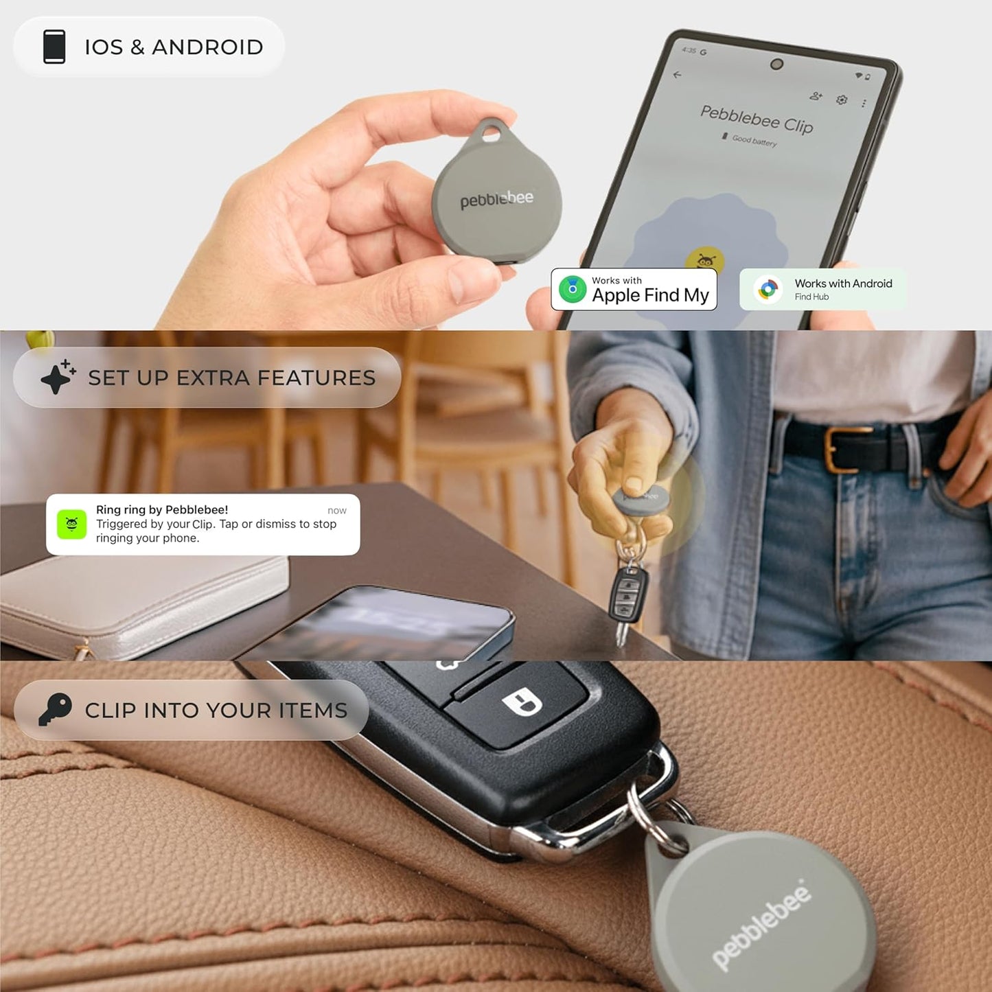 Pebblebee Clip 5 | Rechargeable Bluetooth Tracker Tag for Keys & Bags | Alternative to Air Tag & Android Trackers | 130 dB Siren, Bright LED Strobe, 12-Month Battery, Alert Safety Mode & Phone Finder