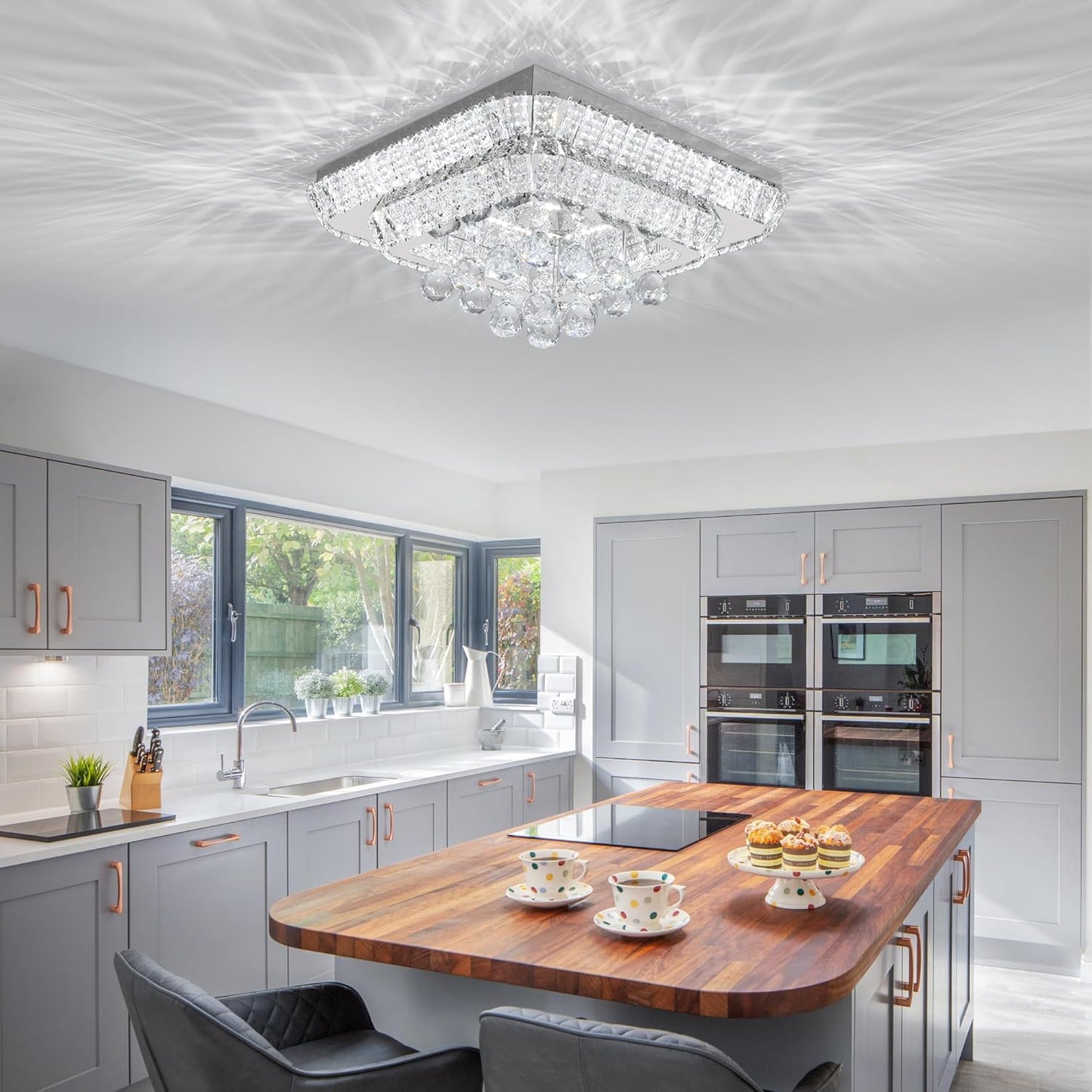 COCOSTAR 18 inch Crystal Flush Mount Chandelier Remote/APP, Modern Raindrop LED Ceiling Light, 3CCT Dimmable & Brightness Adjustable,Elegant Chandeliers for Bedroom Hallway Dinning Room Living Room