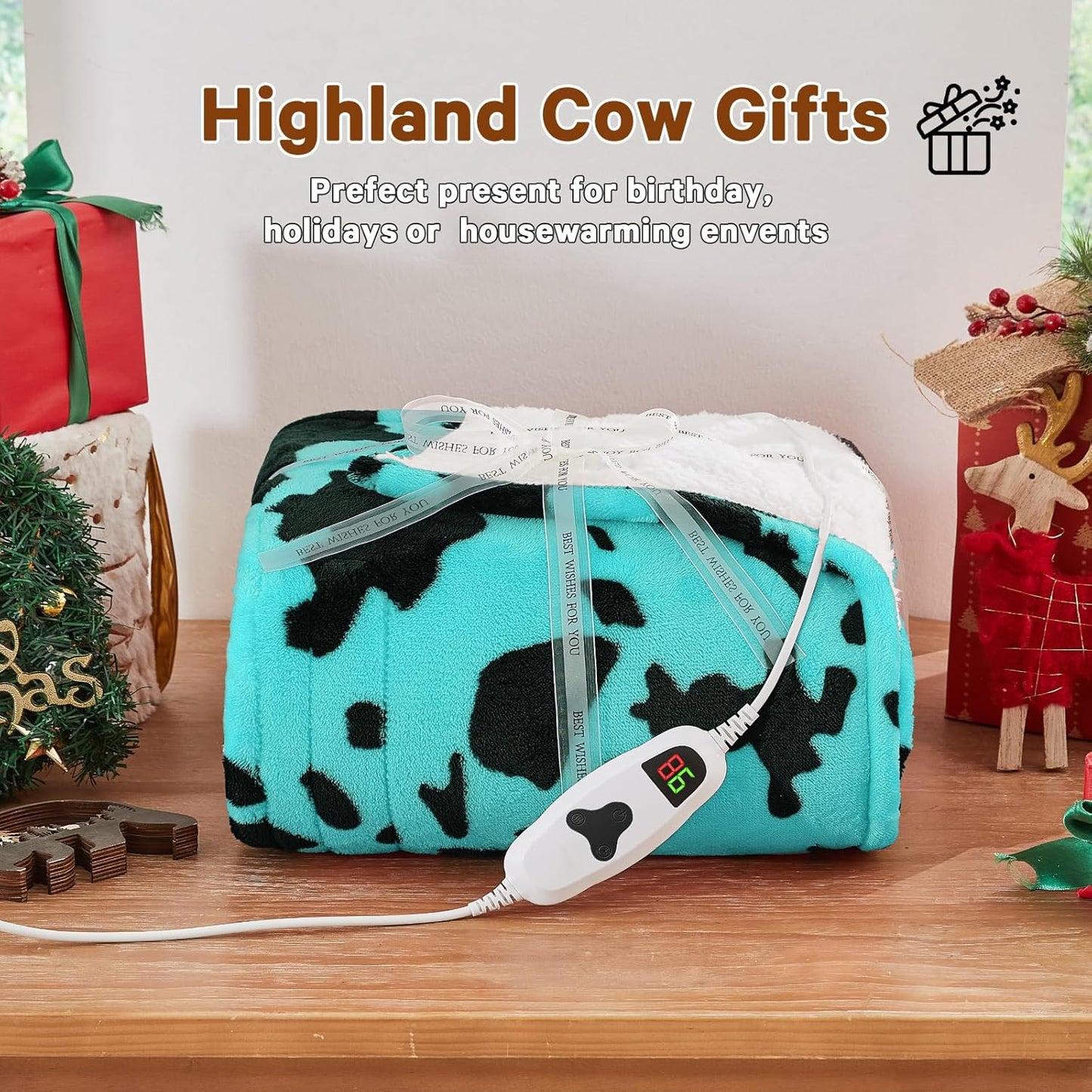 Cow Print Heated Electric Blanket Throw,50X60 Green Heating Blanket with 10 Heats Levels & 8 Hours Auto Off,Highland Cow Decor Stuff Fleece Sherpa Blankets Warmer Gifts for Women Adults Washable