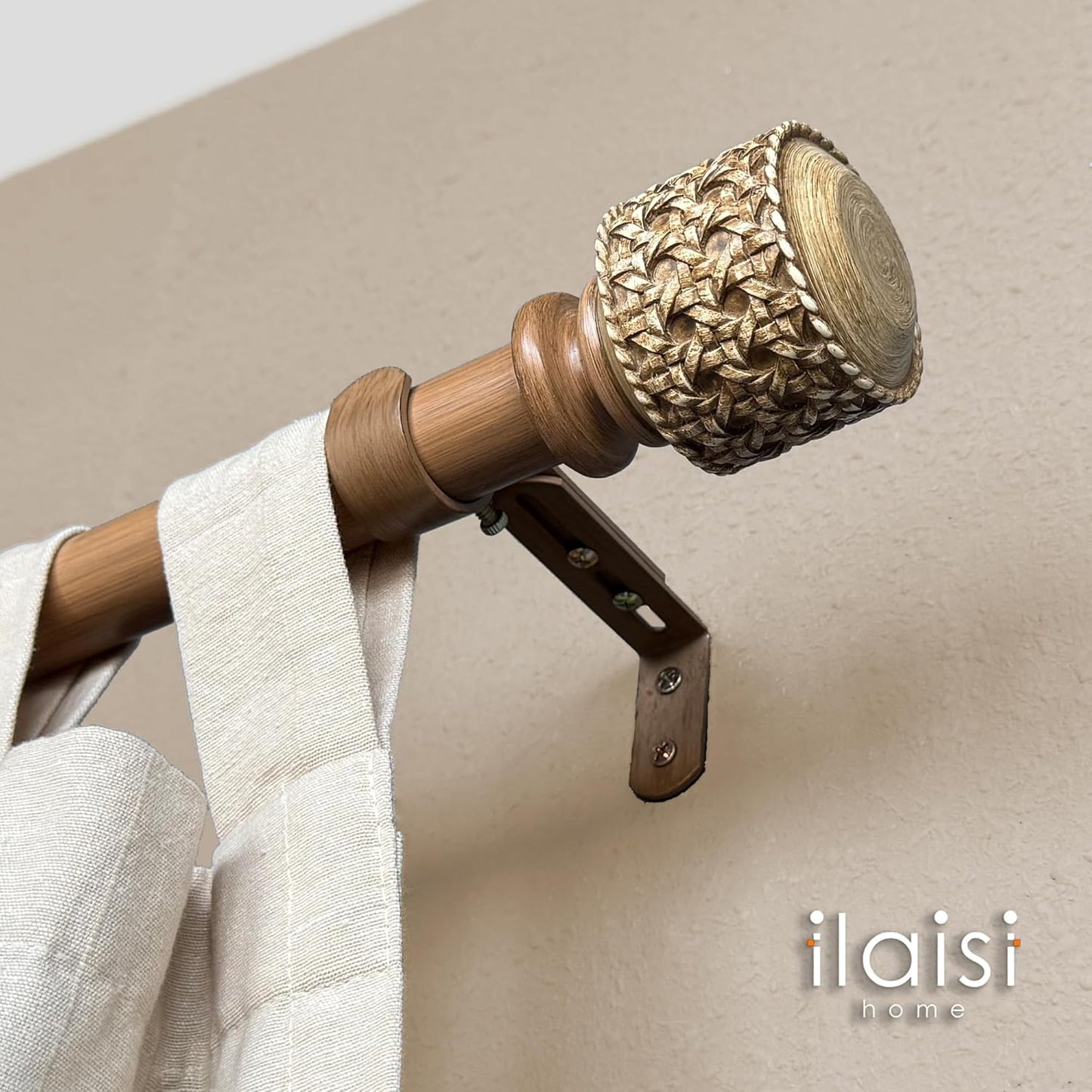 1-1/8 Inch Diameter Faux Wood Curtain Rods with Faux Rattan Cane Woven Finial, 72-144'' Telescoping Single Curtain Rods for window width 68-140 inch, 1 pack