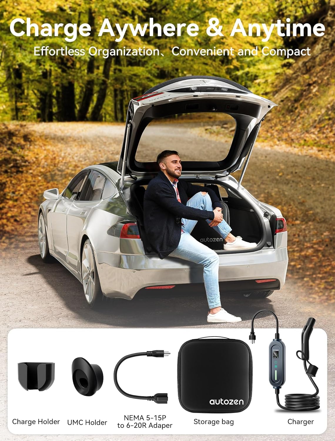 Level 1/2 Tesla Wall Charger, Tesla Portable Home Chargers with NACS Connector, 240V 16Amp, 6-20 Plug & 120V 12Amp, 5-15 Plug, Tesla EV Charger with 16Ft Cable for Models 3/Y/S/X