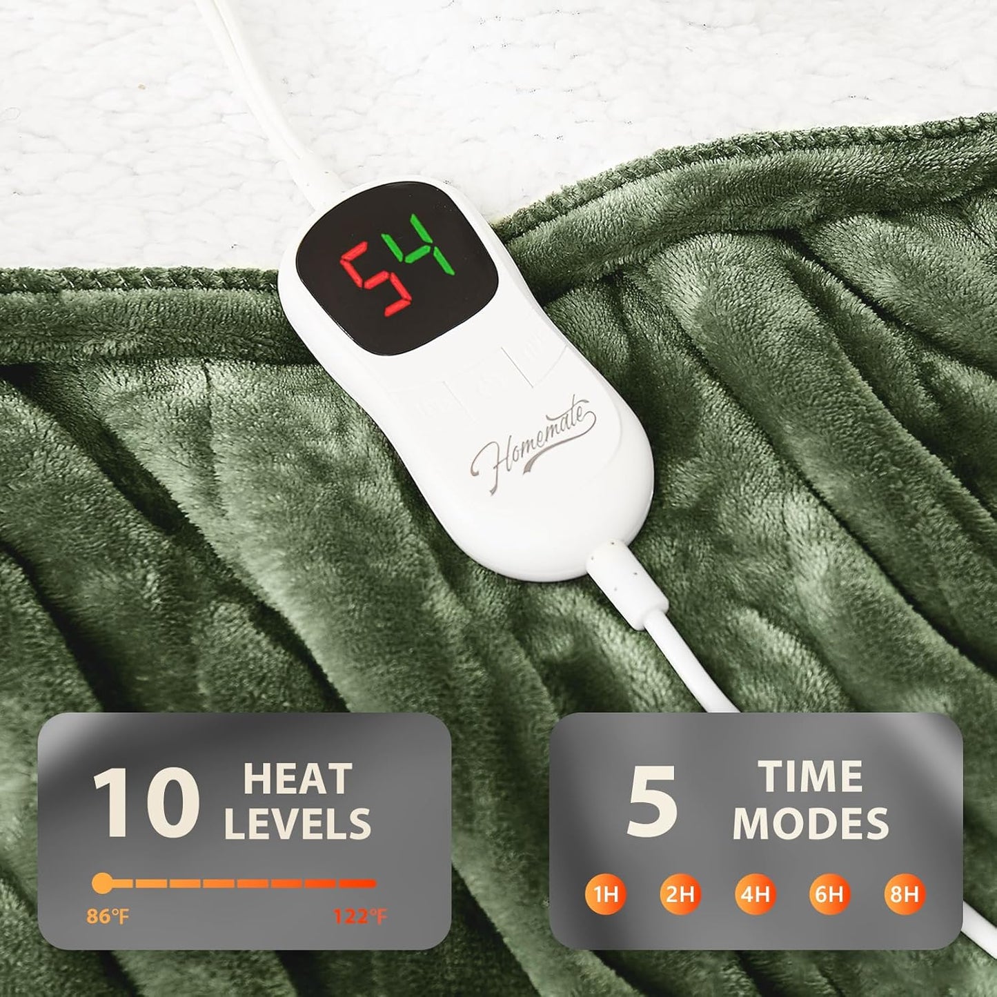Homemate Electric Heated Blanket Twin - 62"x84" Heating Bed Blankets Throw with 10 Heating Levels 8 Hours Auto Off Fast Heating Over-Heated Protection Ultra Soft Warm Flannel ETL Certified Green