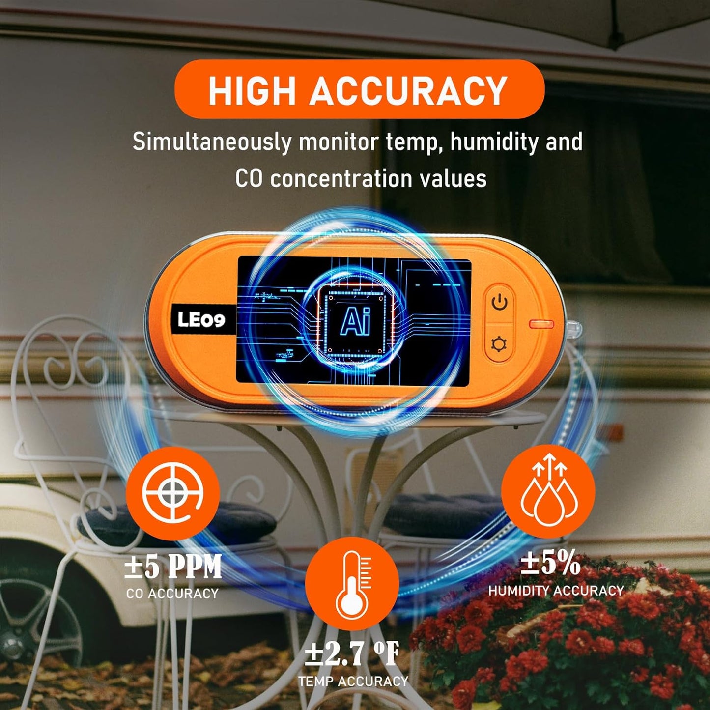 Portable Carbon Monoxide Detectors Support 500-hour Standby Time, 3-in-1 CO Detector (Temp, Humidity, and CO), Alarm Function, Lanyard Design for Camping Travel Car RV
