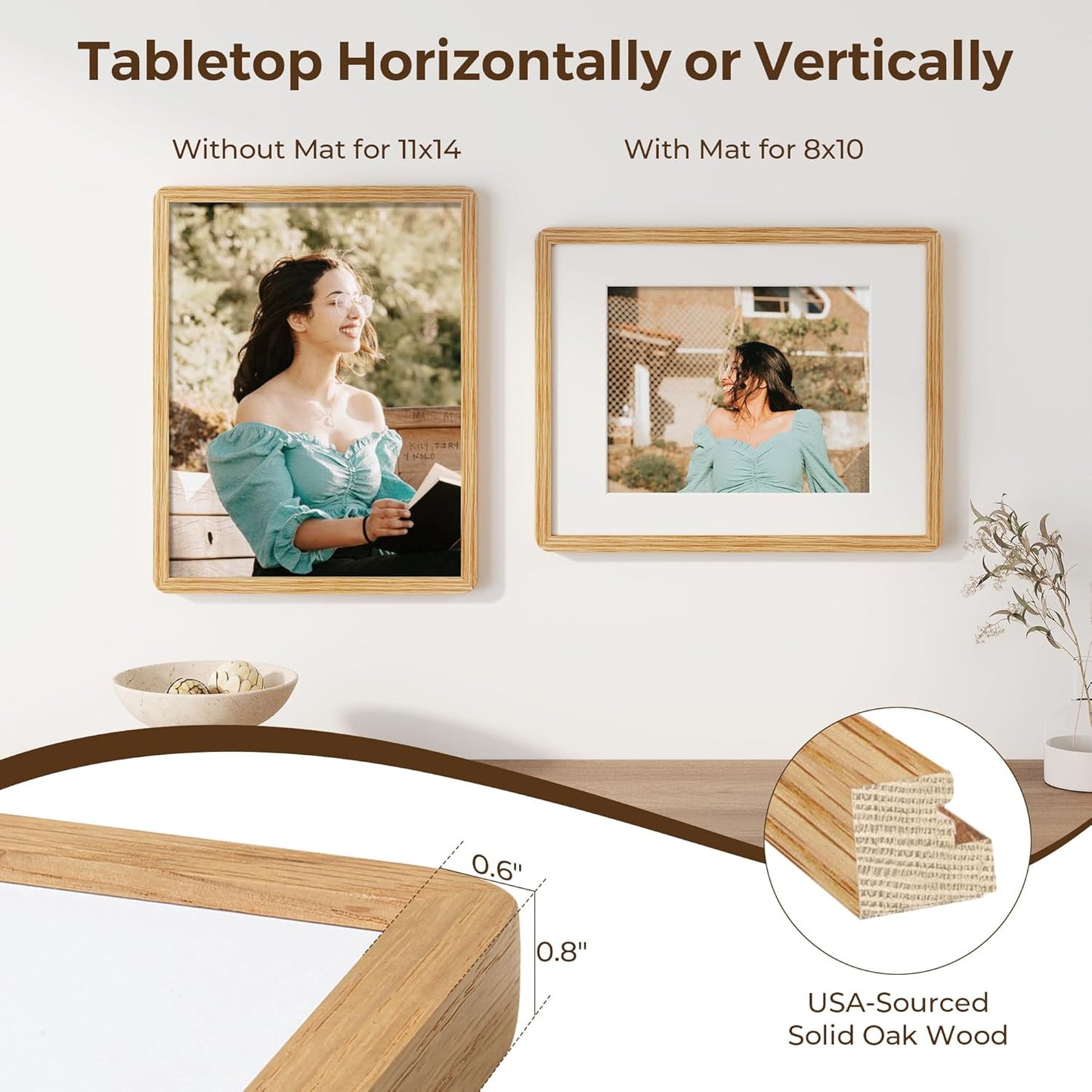 11x14 Picture Frame, Solid Oak Wood Frame 11 x 14 for Wall, Rustic Wooden Frames 11 by 14 with Tempered Glass, 11x14 Frame with Mat for 8x10, Home Decor Photo Frames 11"x14", Natural Oak Color, 1 Pack