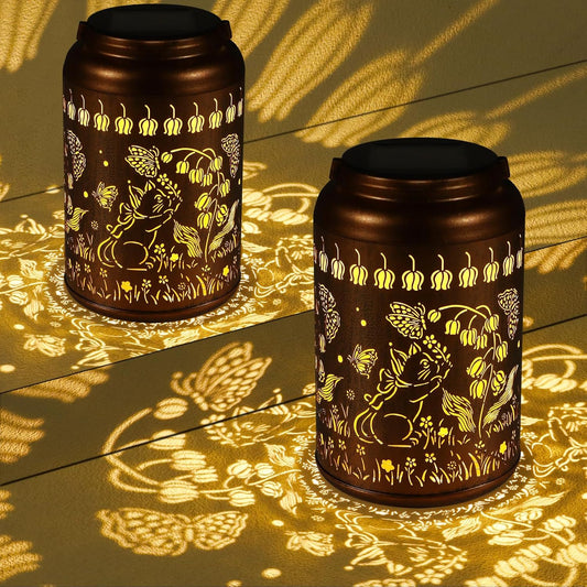 2 Pack Solar Lanterns Outdoor Waterproof, Cats Garden Decor Gifts for Women Mom Grandma Hanging Solar Lights Metal Decoration Outside for Yard, Patio, Lawn