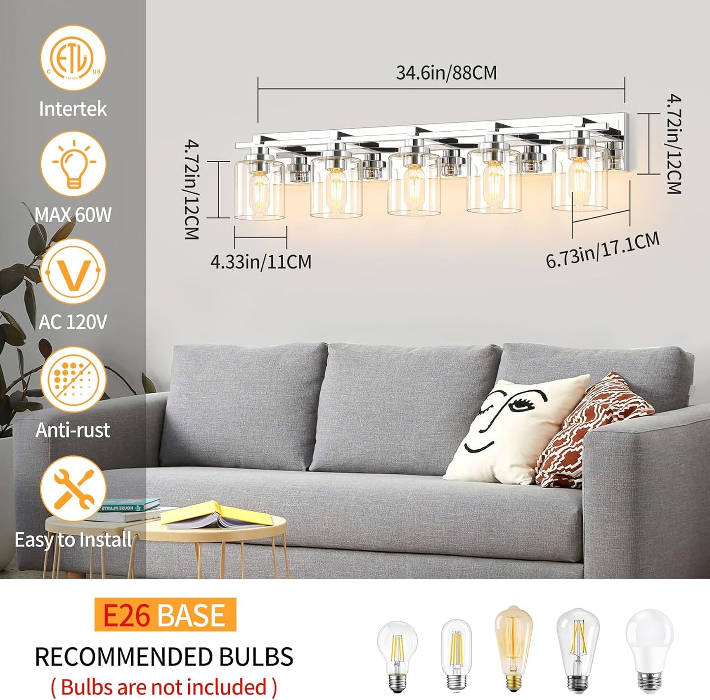 5 Light Modern Bathroom Light Fixtures Over Mirror, Chrome Vanity Lights for Bathroom Wall Sconces with Clear Glass Shades, E26 Socket (Bulbs Not Included)