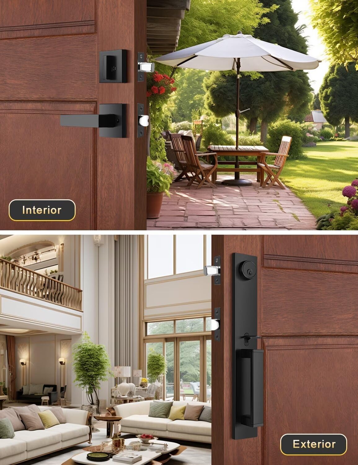 Front Door Lock Set, Full Escutcheon Front Door Handle Sets, Heavy Duty Entry Door Lock Sets with 3 Keys, Door Locks with Deadbolt Lever Handle