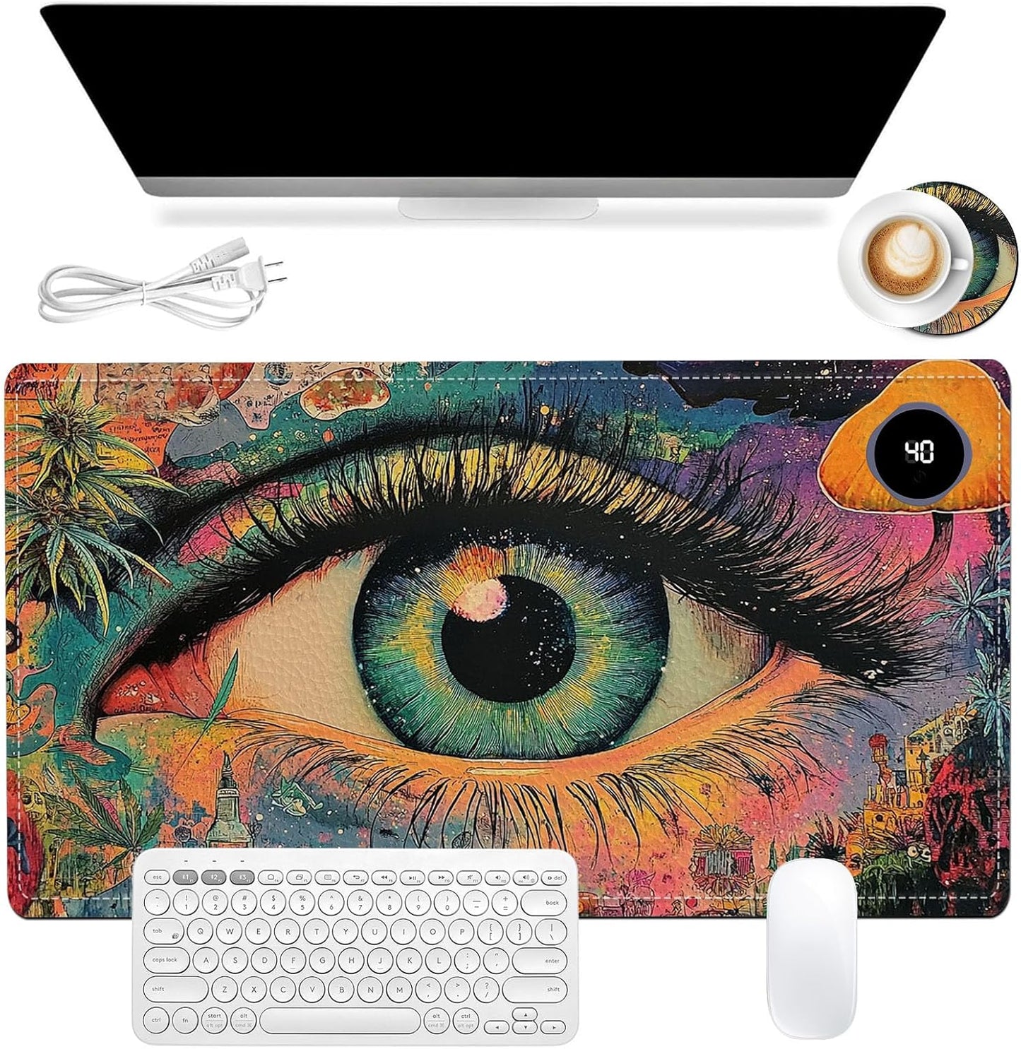 Heated Mouse Pad 23.6 x 14 in 3-Temp Fast Heating Desk Mat with Auto Timer Warmer for Hands Wrist Pain Relief Waterproof Keyboard Mat for Office, Gaming, Home, Colorful Eye Art
