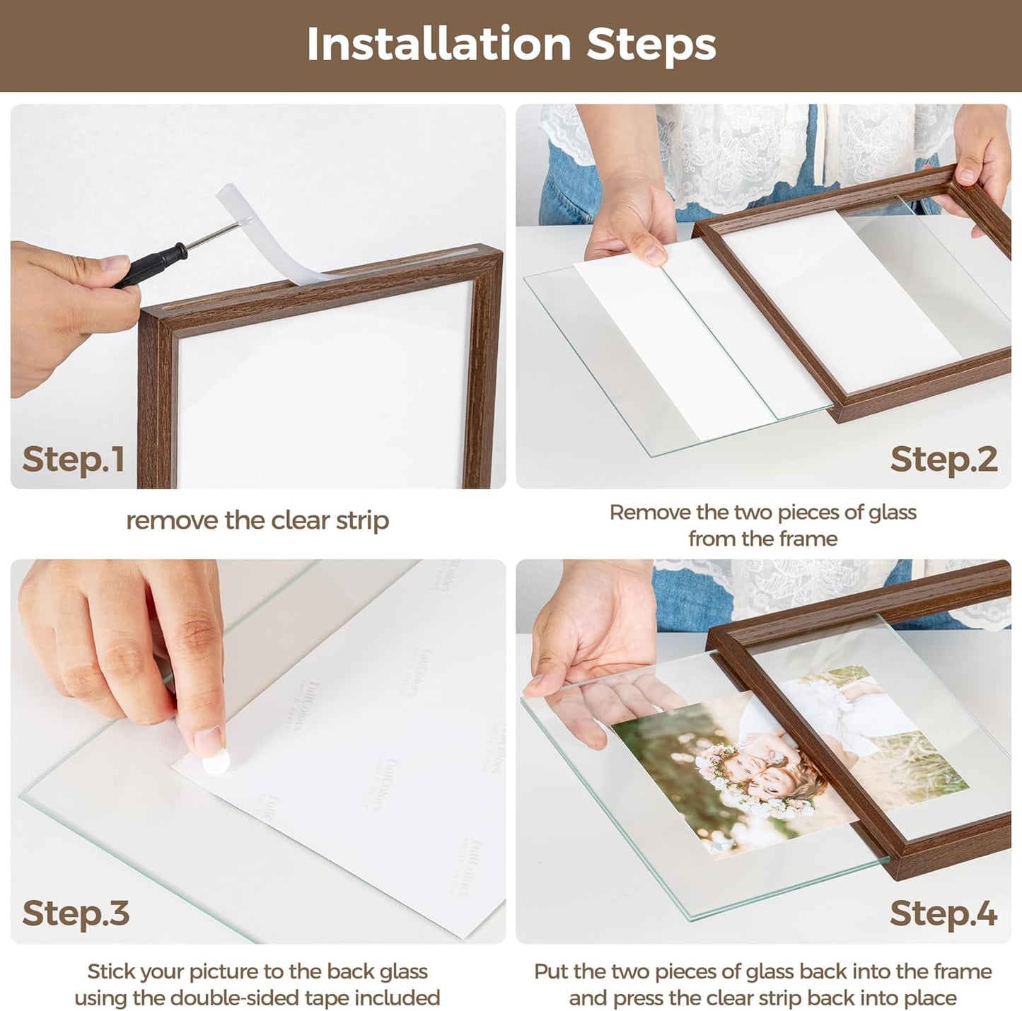 Axeman 6x8 Floating Picture Frame - Solid Oak Wood Picture Frame, Double Tempered Glass Photo Frame 2x3 4x6 5x7 6''x8'' Wood Frame, Wall Mount Or Tabletop Standing, Walnut
