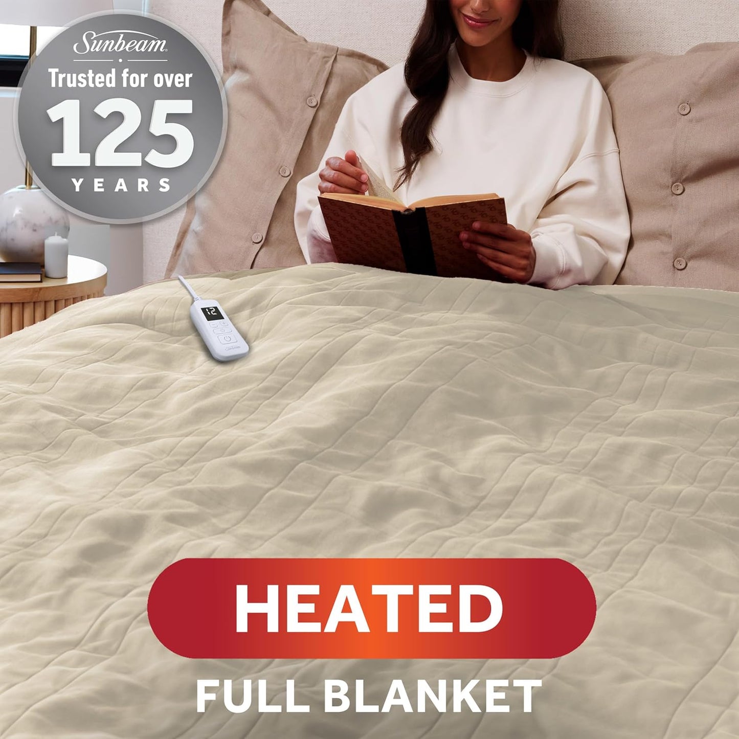 Sunbeam Royal Ultra Fleece Heated Electric Blanket Full Size, 84" x 72", 12 Heat Settings, 12-Hour Selectable Auto Shut-Off, Fast Heating, Machine Washable, Warm and Cozy, Pebble