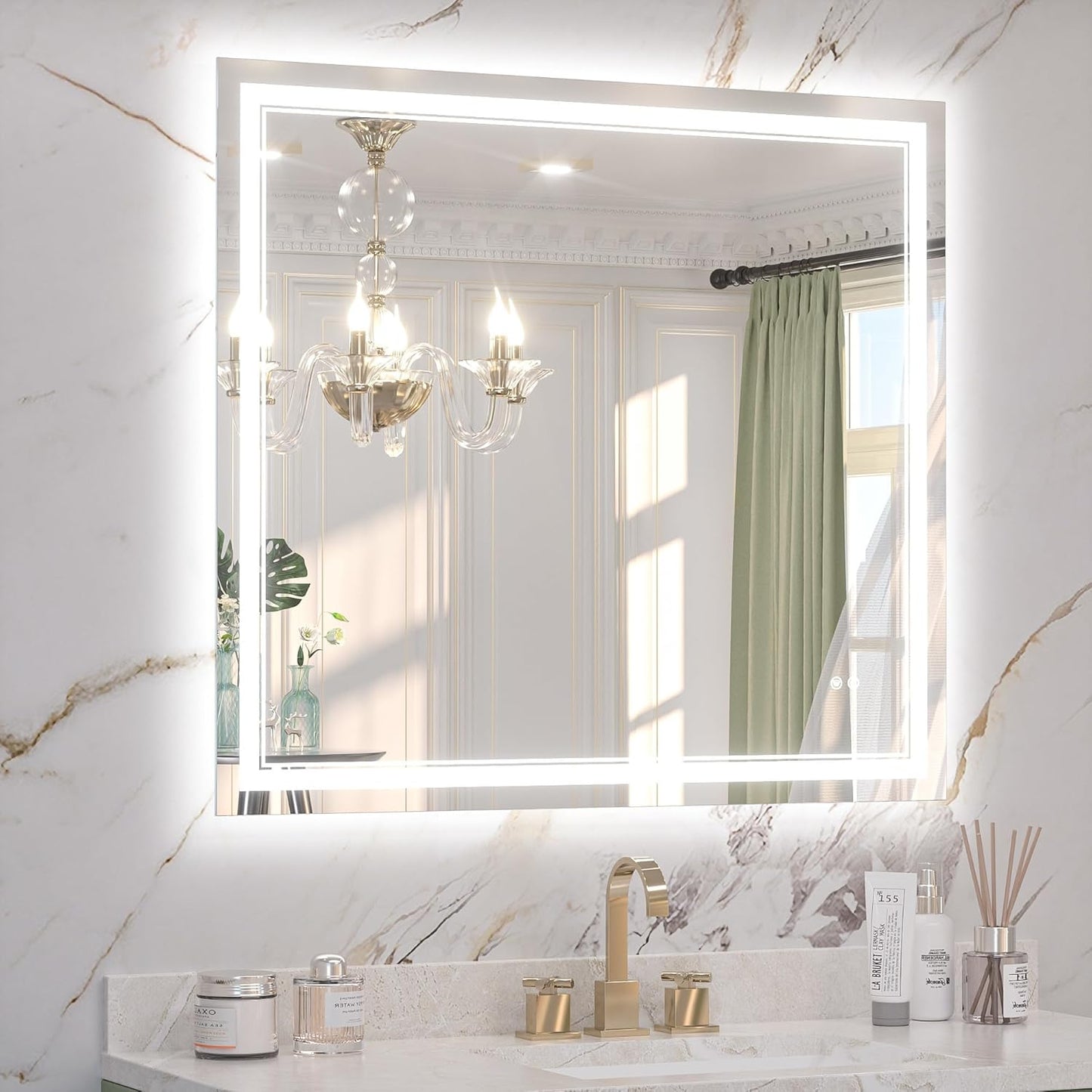 Keonjinn 40" x 36" LED Mirror for Bathroom, Frontlit & Backlit Bathroom Mirror with Lights, HD Tempered Glass, Fast Defogging, 3 Color Lights, Dimmable, Memory Function, Vertically/Horizontally