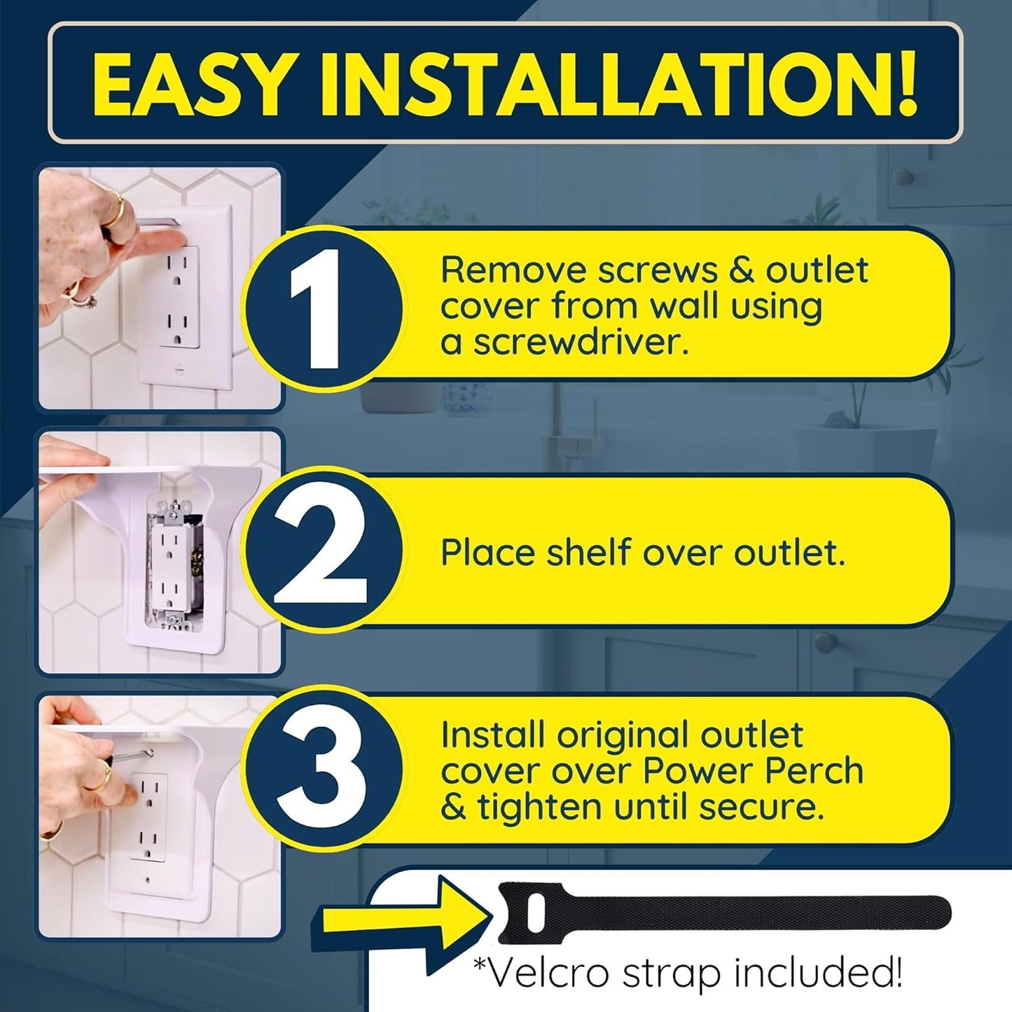 BeraTek Power Perch Wall Outlet Shelf with Cord Storage Strap - Declutter & Reclaim Counter Space - Top Uses: Charging Shelf, Echo Dot Stand, Apple HomePod Mini Wall Mount - White, 1-Pack