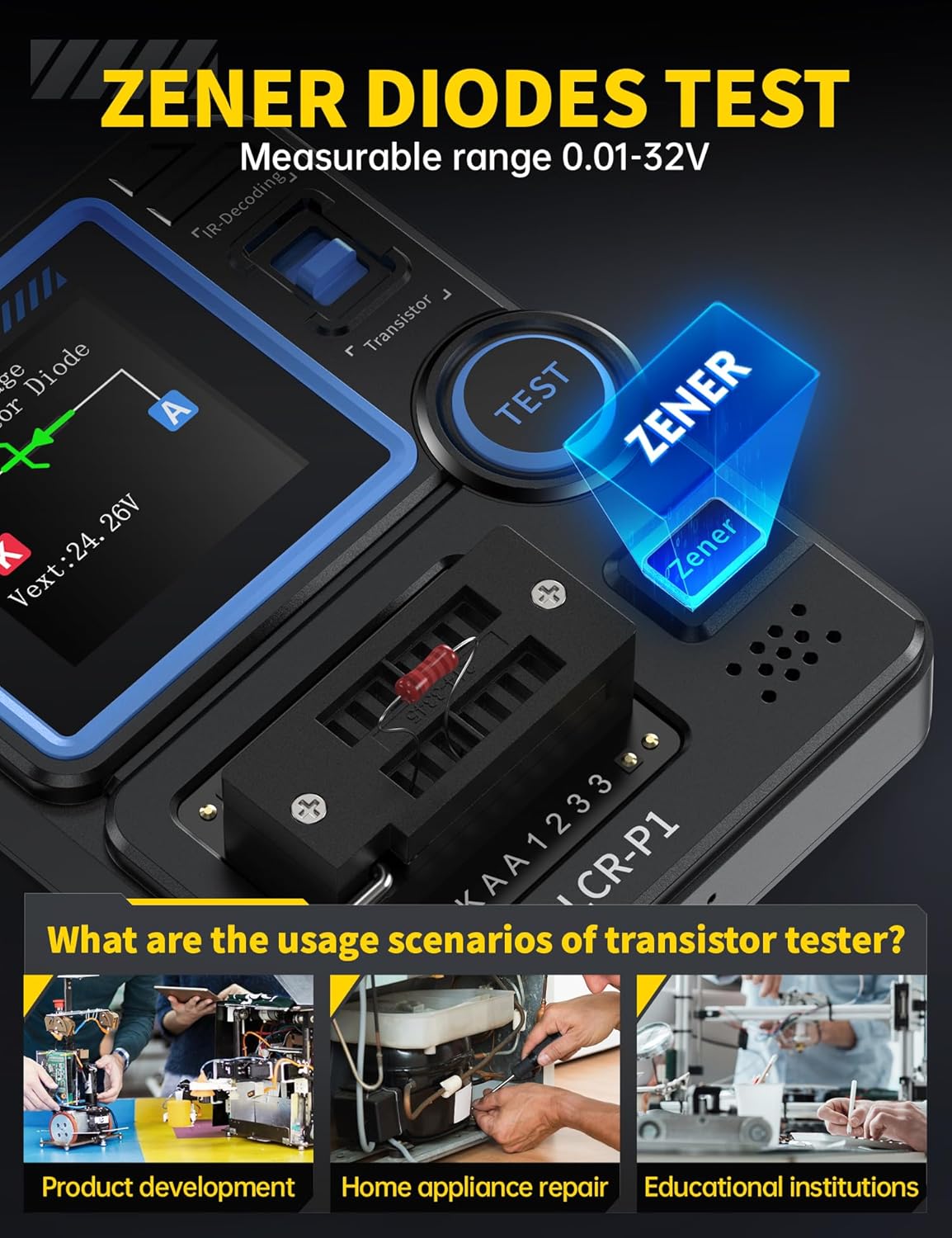 FNIRSI LCR-P1 Transistor Tester, Mosfet Transistor Capacitor Tester, SMD Electronic Component Tester, Diode Triode Zener Diode Resistance Inductance Battery Test LCR Meter MOS PNP NPN ESR Meter