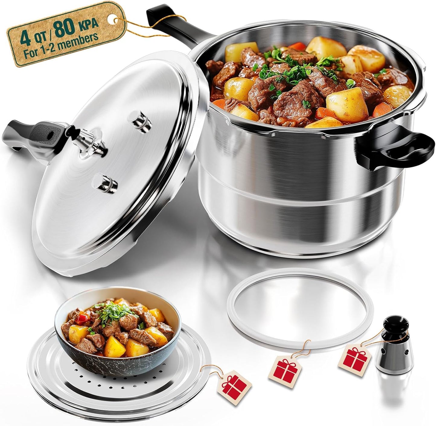 WantJoin Pressure Cooker Stainless Steel 4 Qt, Commercial Stove Top Pressure Cooker Pot Used for Pressure Foodie or Steaming, Compatible with Gas & Induction Cooker