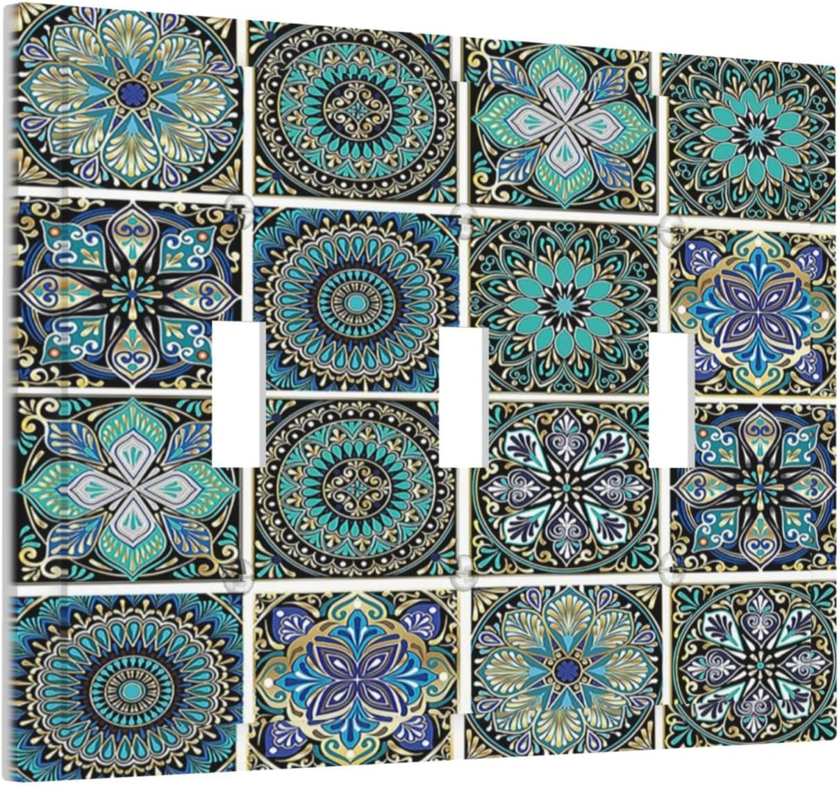 Decorative Switch Plates Mandala Decorative Rustic Vintage Turquoise Pattern 3 Gang Wall Plate Triple Toggle Light Switch Cover Faceplate Electrical Wall Panels for Bedroom Bathroom