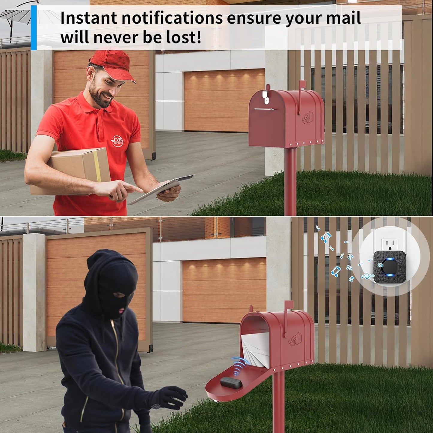 Mailbox Alarm Mail Chime Notification System-Mail Alarm 600 ft Long Range Wireless Mailbox Alert With LED Light Flashing and Sound Reminders