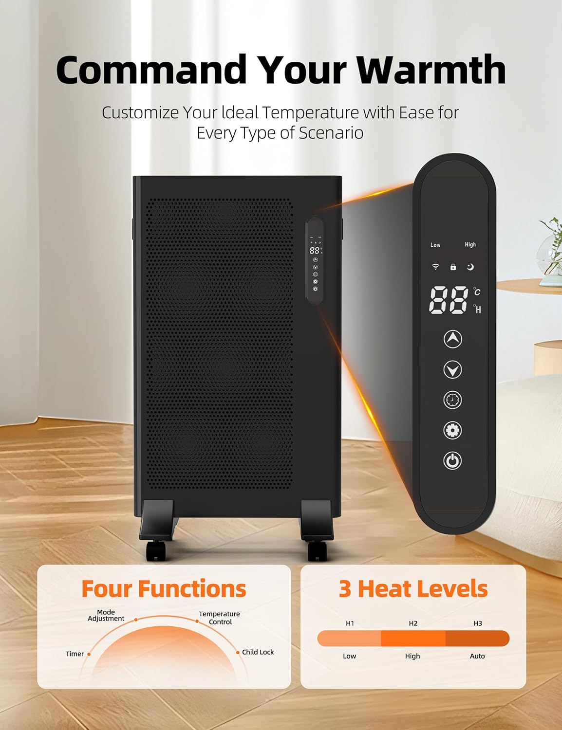 Mica Infrared Space Heater, 1500W Portable Panel Heater for Indoor Use, Large Room, WiFi Smart App & Alexa Control, Fast Heating, Energy Efficient, Quiet, Black