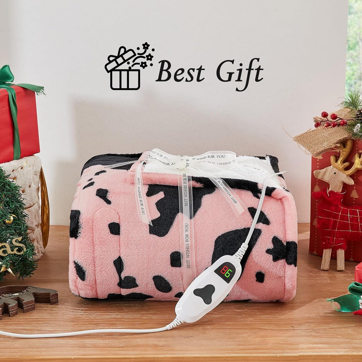 Cow Print Electric Heated Blanket Queen Size,84X90 Light Pink Heating Blanket Queen with Dual Control&Timer&10 Heat Levels,Highland Cow Decor Sherpa Blankets Warmer Gifts for Bed Women Adults