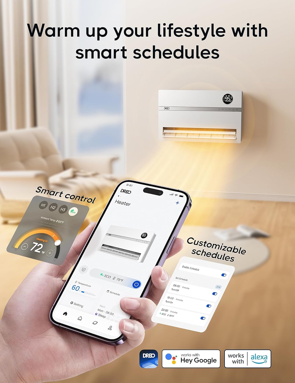 Dreo Smart Wall Heater, Electric Space Heater for Bedroom 1500W, 120° Vertical Oscillation, Adjustable Thermostat, Remote Control, 24H Timer, Easy-Mount Heater for Indoor Use, Works with Alexa, WH719S