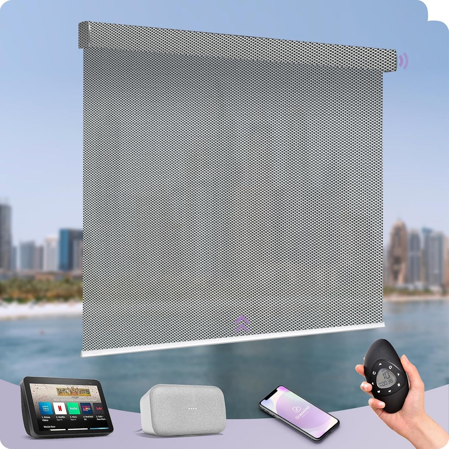Graywind Motorized Solar Shades Light Filtering Mesh Shade Compatible with Alexa Google Remote Control Window Blinds with Valance for Smart Home Office Business, Custom Size (3% Openness Silver)