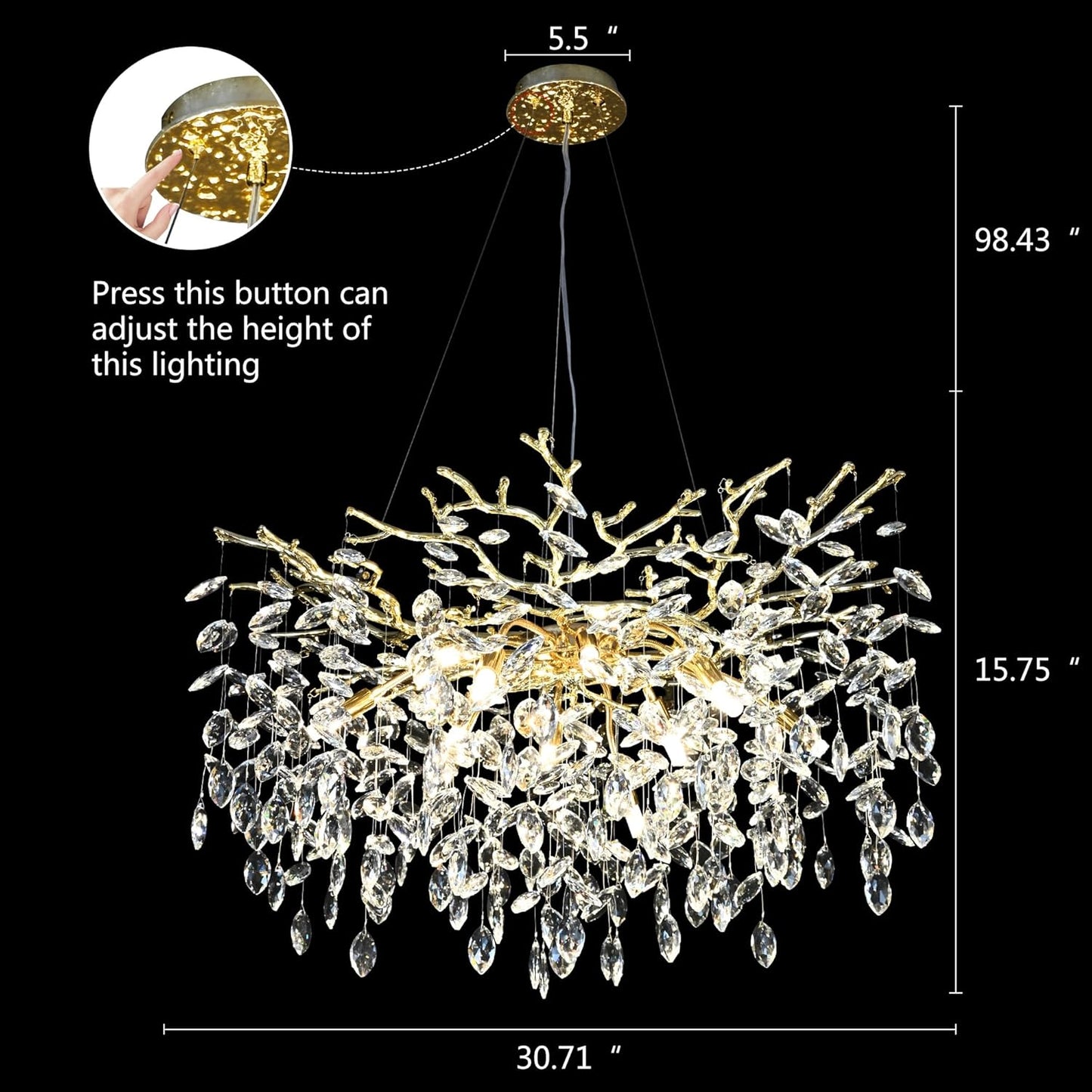 Modern Crystal Chandelier for Dining Room 12-Light Gold Rectangle Raindrop Chandelier Contemporary Rectangular Pendant Light Fixture for Kitchen Island Bar