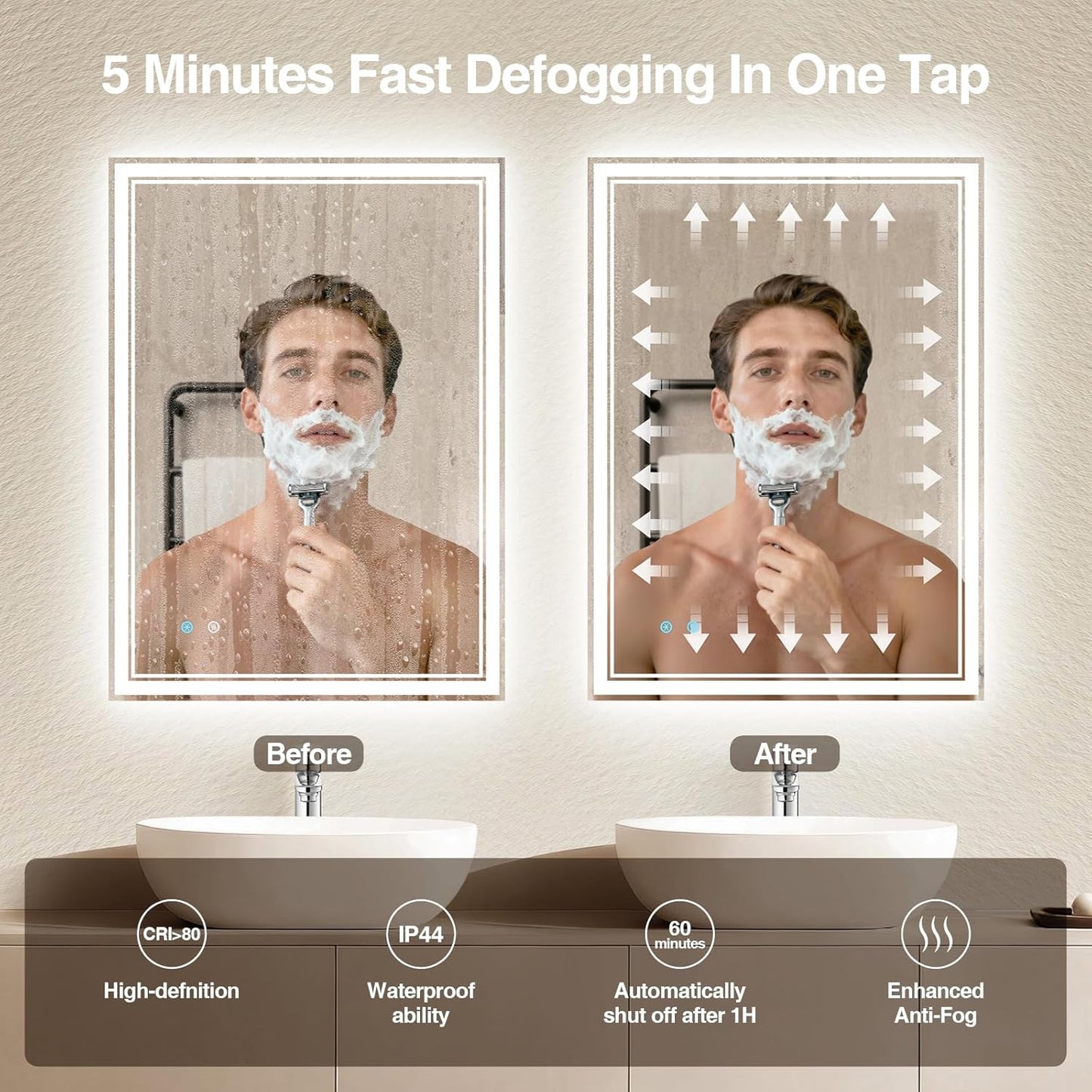 20"x28" LED Bathroom Mirror with Anti-Fog, Dimmable Backlit + Front Lit, 3 Colors LED Bathroom Vanity Mirror for Wall, Memory Function, Shatter-Proof Glass, ETL Listed(NHYJ5722D-NA)